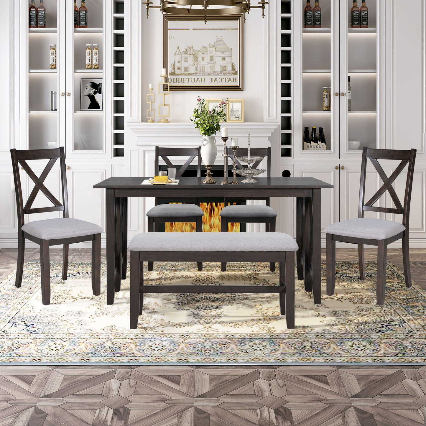 6 Piece Family Dining Room Set, Space Saving Foldable Table And 4 Chairs With Bench