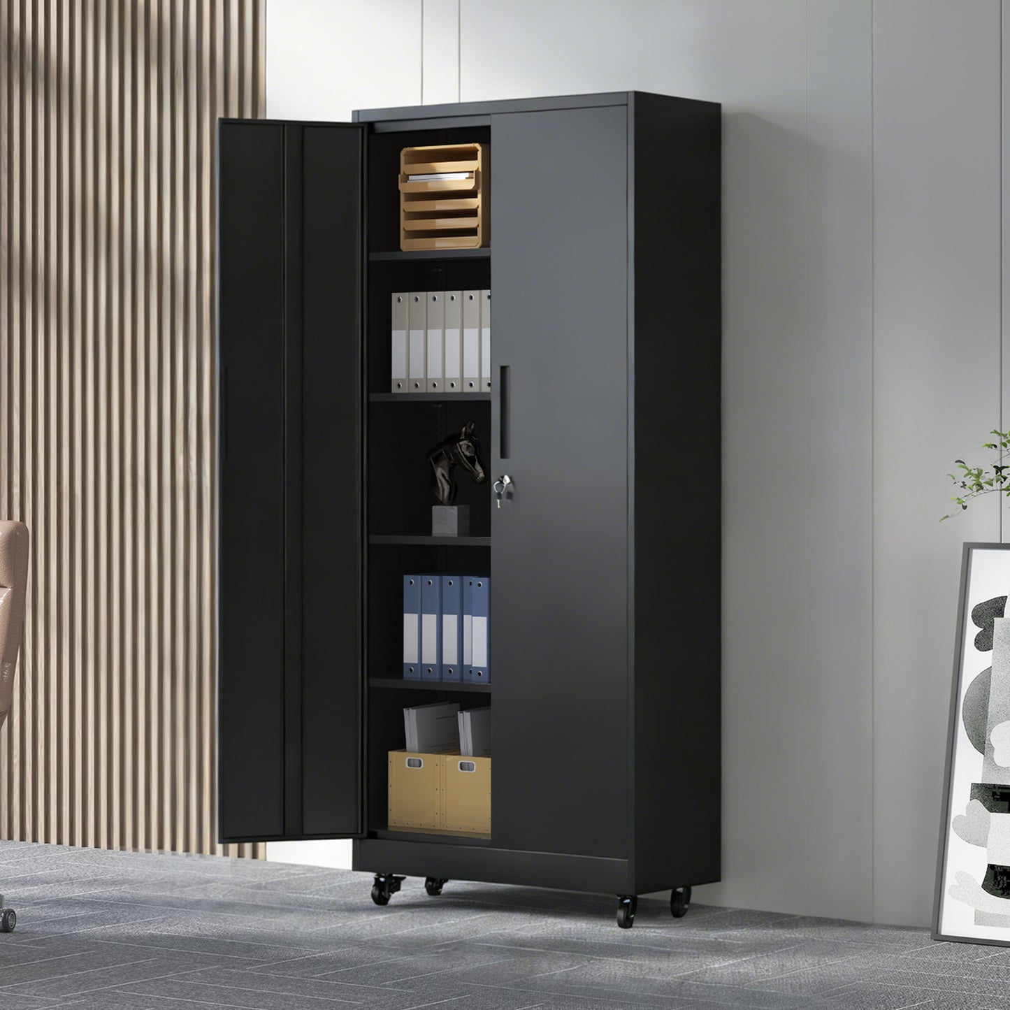 Storage Cabinet With Wheels And Lock, 4 Adjustable Shelves, 3 Point Locking Security, For Tool Organization In Garage - Black
