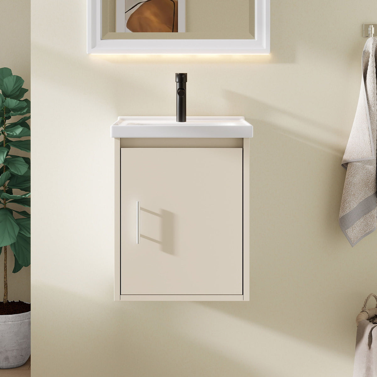 16" Floating Bathroom Vanity Combo, Wall Mounted Cabinet With Sink & Soft Close Doors For Small Bathrooms - Khaki
