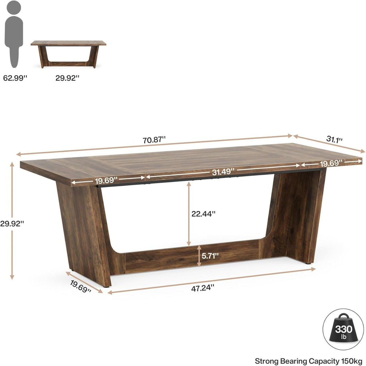 Executive Desk For Home Office, Computer Table With Pedestal, Large Writing Workstation - Brown