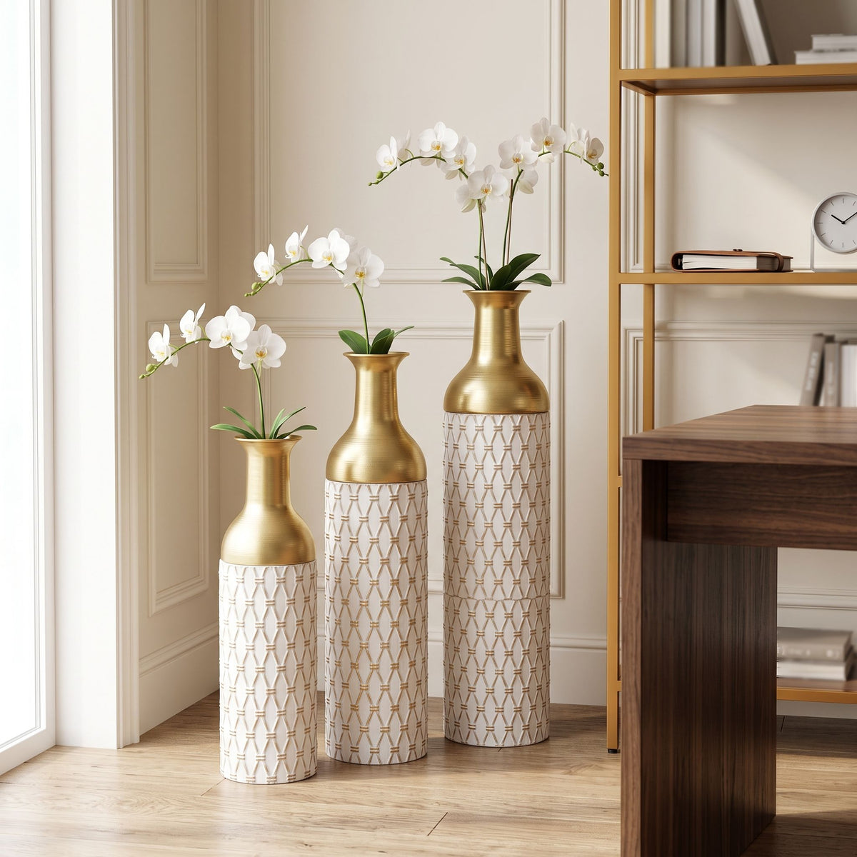 Diamond Embossed Floor Tall Vases Home Decor (Set of 3) - White / Gold