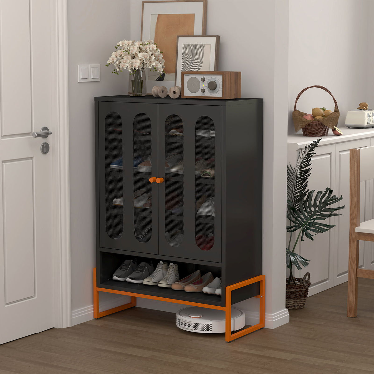 Modern Metal Shoe Cabinet With Double Sided Mesh Doors And Adjustable Partitions - Black
