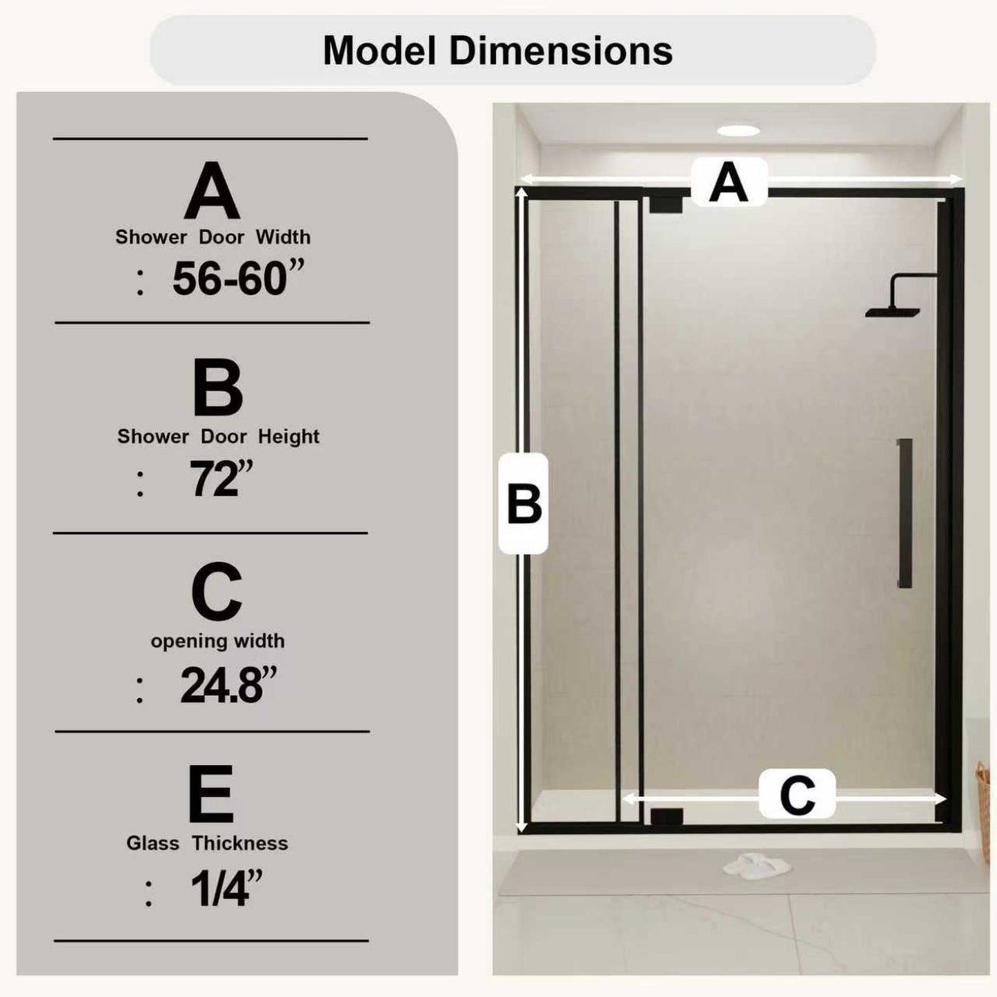 Semi Frameless Pivot Hinged Shower Door, Reversible Design
