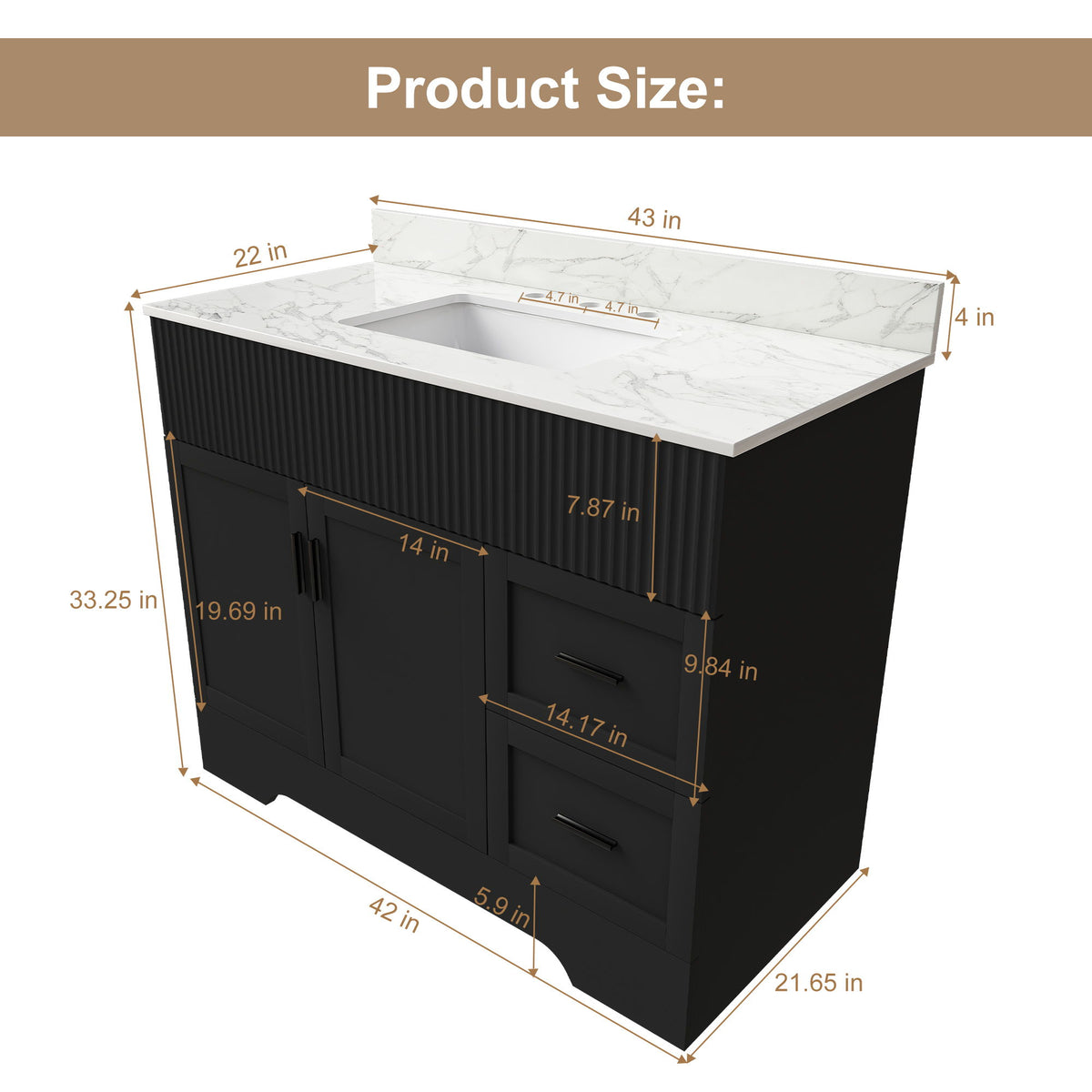 Bathroom Vanity Set, Soft Close Doors & Drawers, 3 Faucet Holes, Sink Included - Black
