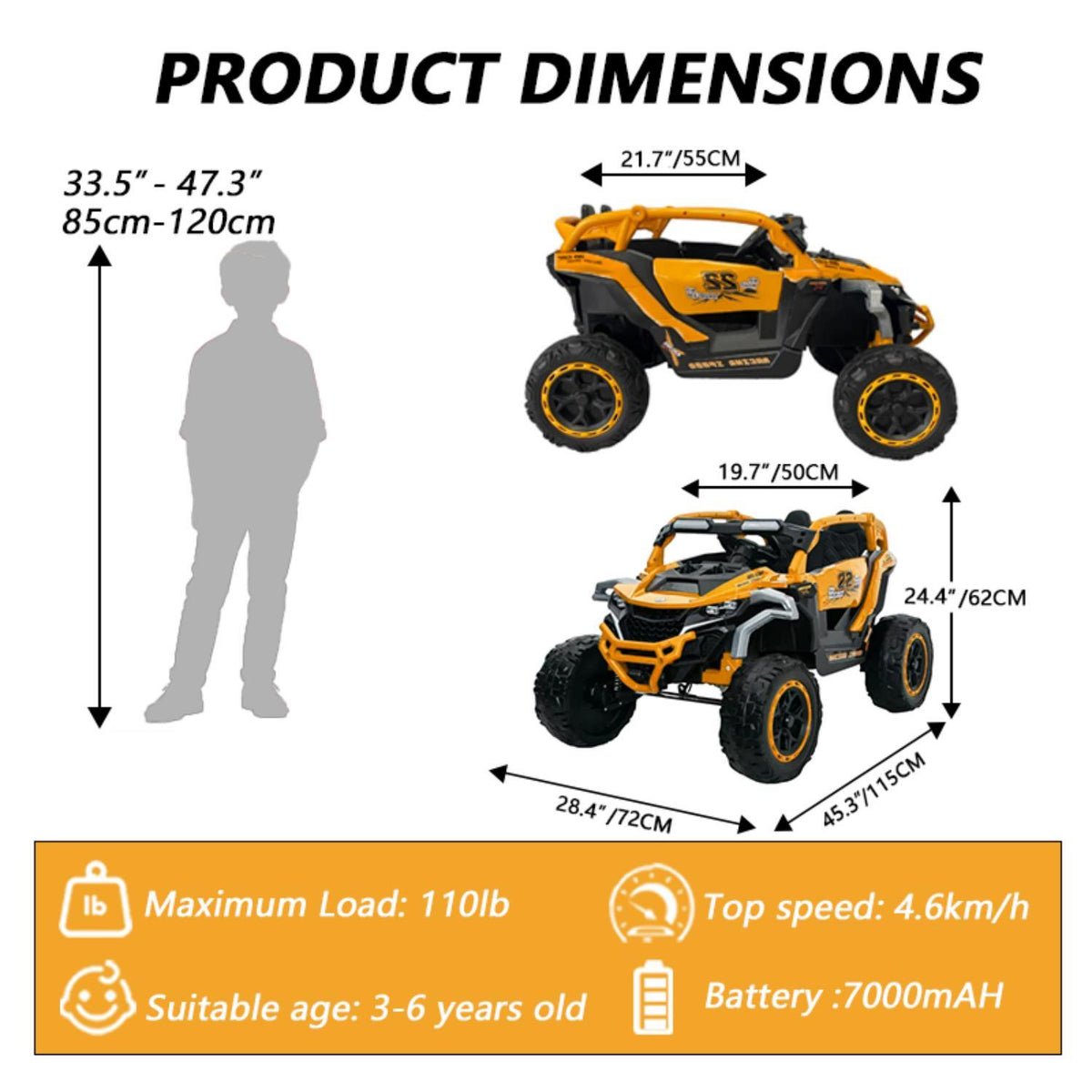 Ride On Models 12V Kids Electric Truck With Remote Control, Front & Rear Suspension, 2 Seater UTV, Flashlights & Music Player - Yellow / Black