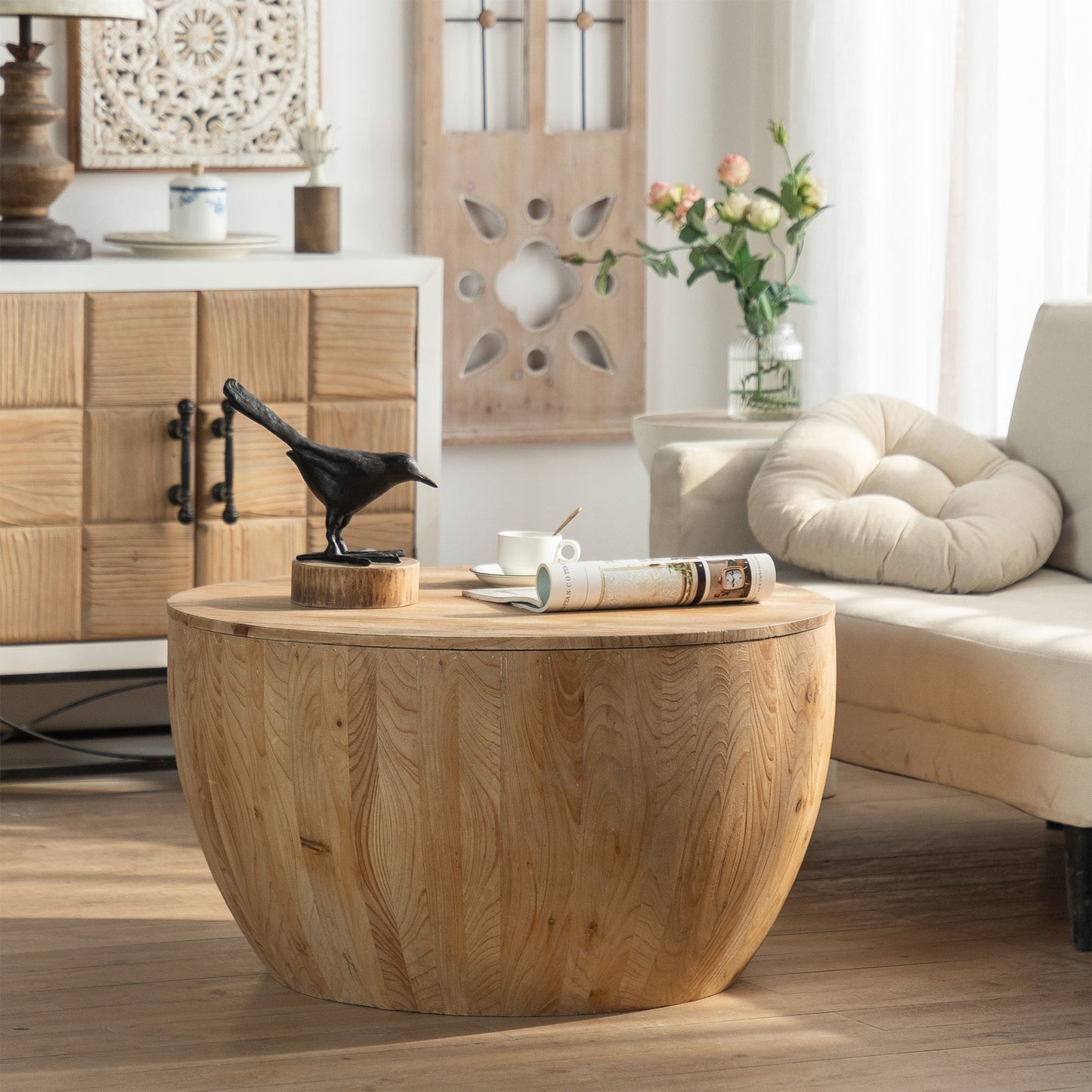 Barrel Coffee Table With Storage For Living Room - Natural