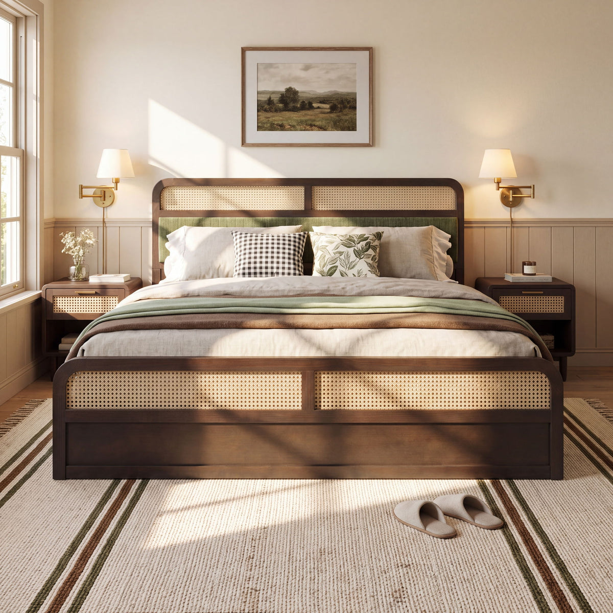Platform Bed Frame With Rattan & Upholstered Headboard
