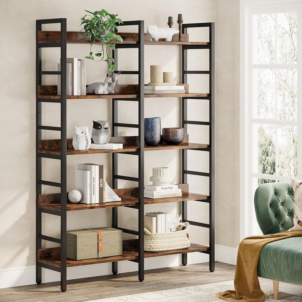 5 Tier Double Wide Bookshelf For Living Room - Rustic Brown