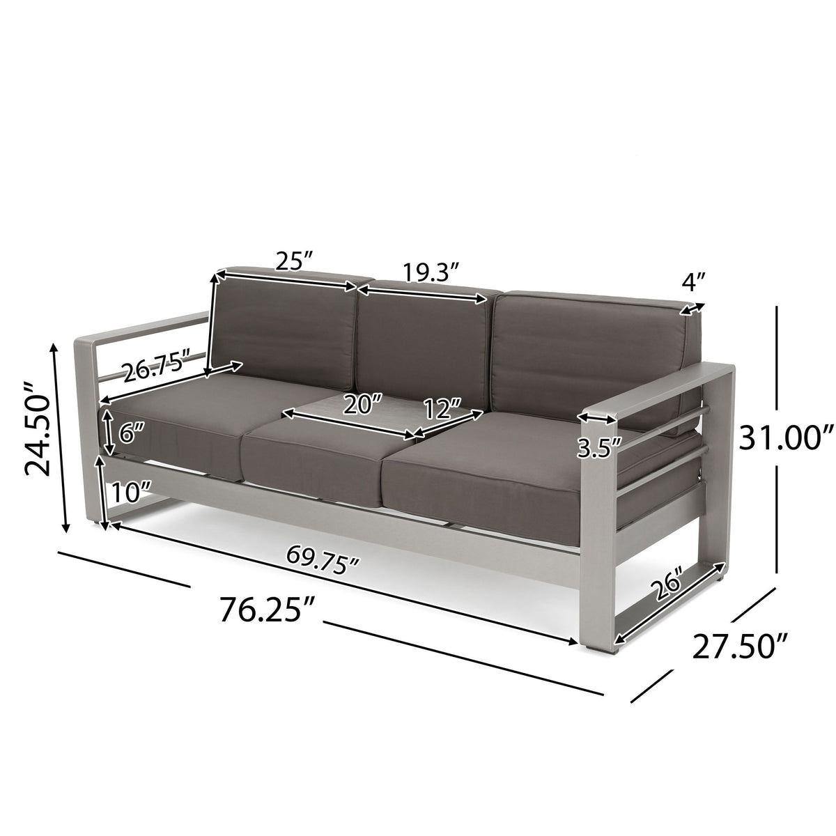 Cape Coral - Contemporary 2 Seater Sofa With Metal Tray - Gray