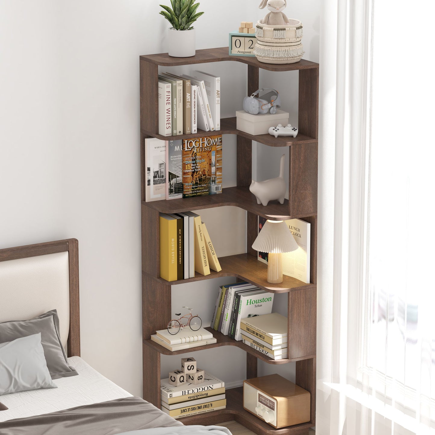 6 Tier Freestanding L-Shaped Corner Bookshelf For Living Room - Dark Brown