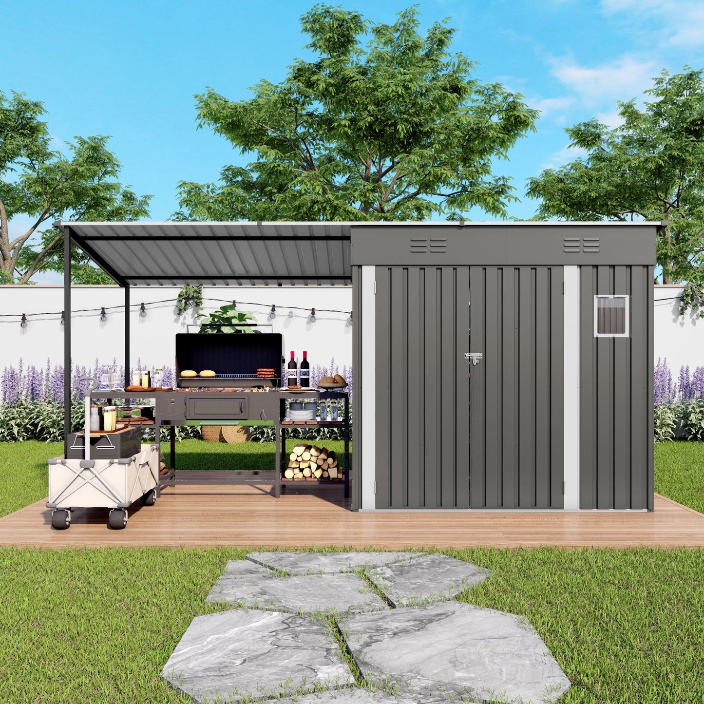 Lean To Shed With Open Sided Pergola, Outdoor Storage Shed & Attached Hardtop Gazebo Combo - Gray