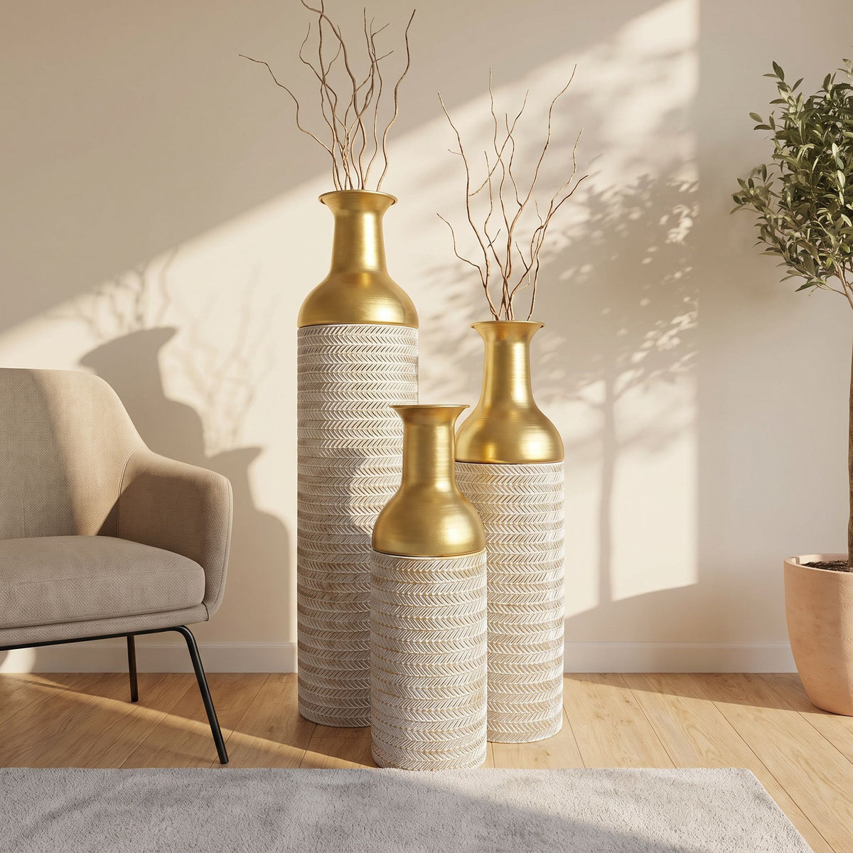 Decorative Tall Floor Vases For Home Decor (Set of 3) - White / Gold