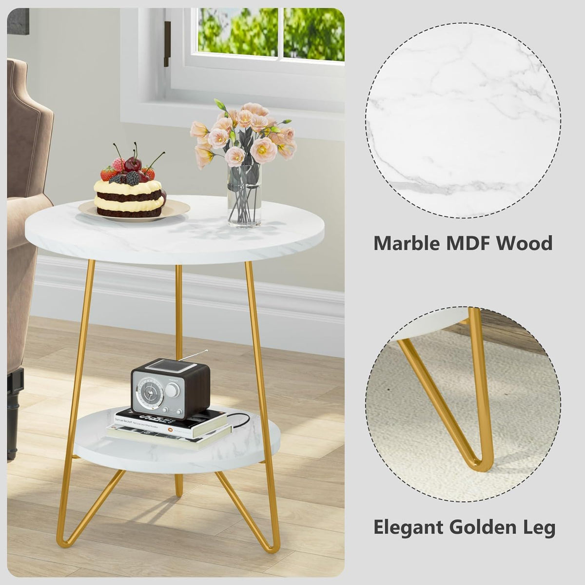 Round End Table With Hairpin Legs, 2 Tier For Living Room - White / Gold