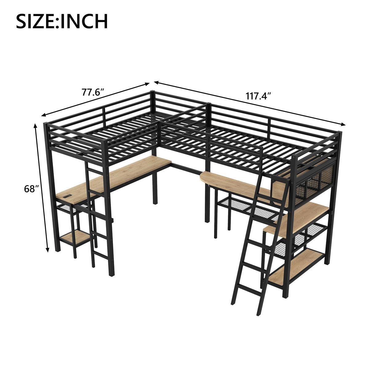 Mission Style Twin L-Shaped Loft Bed With LED, Storage Shelves, 2 Charging Stations, And 2 Built In Desks - Black