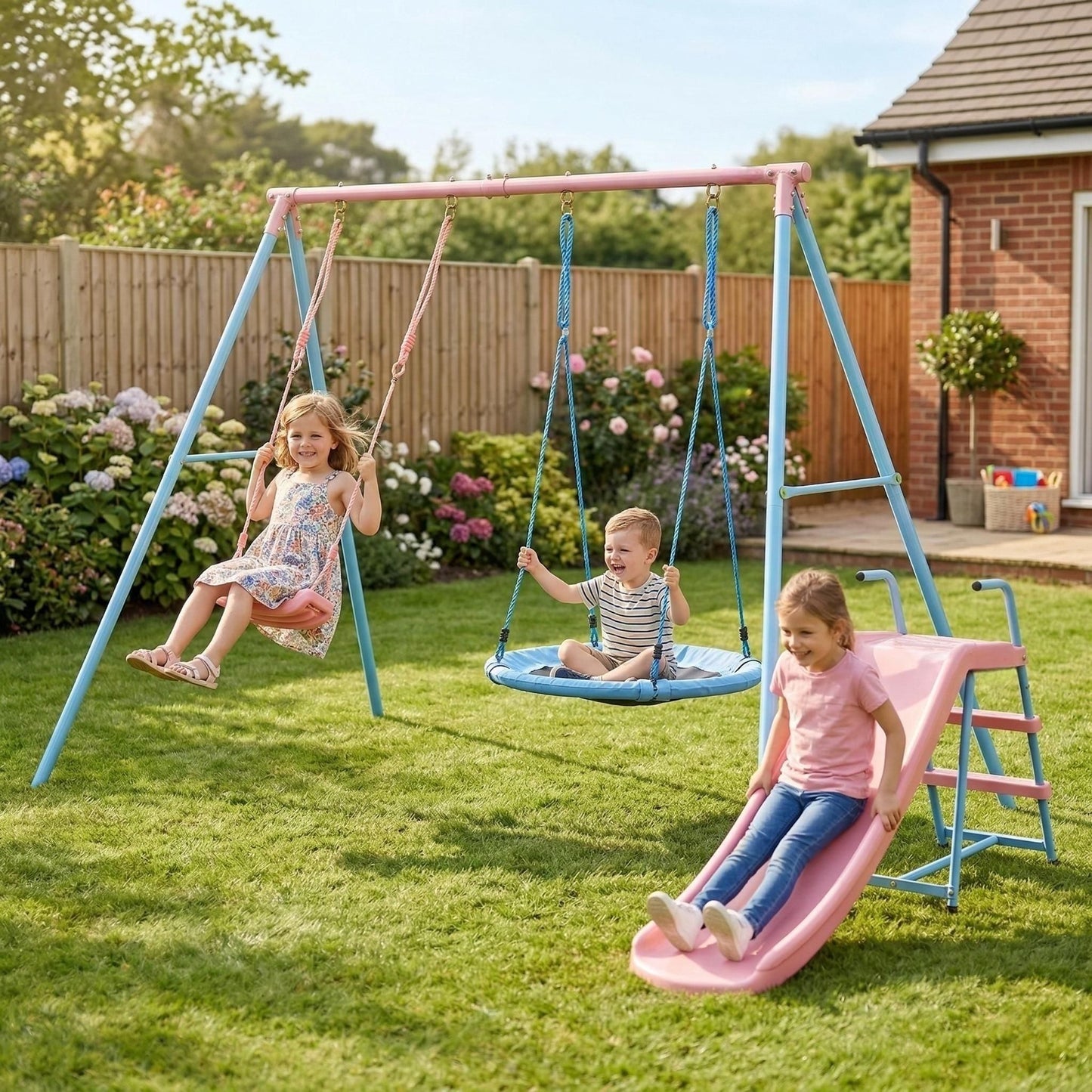 Xns107 - 2 Swing Set With Slide For Outdoor - Blue / Pink