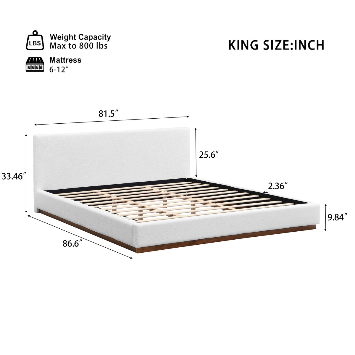 King Size Upholstered Bed With Solid Base Frame - White