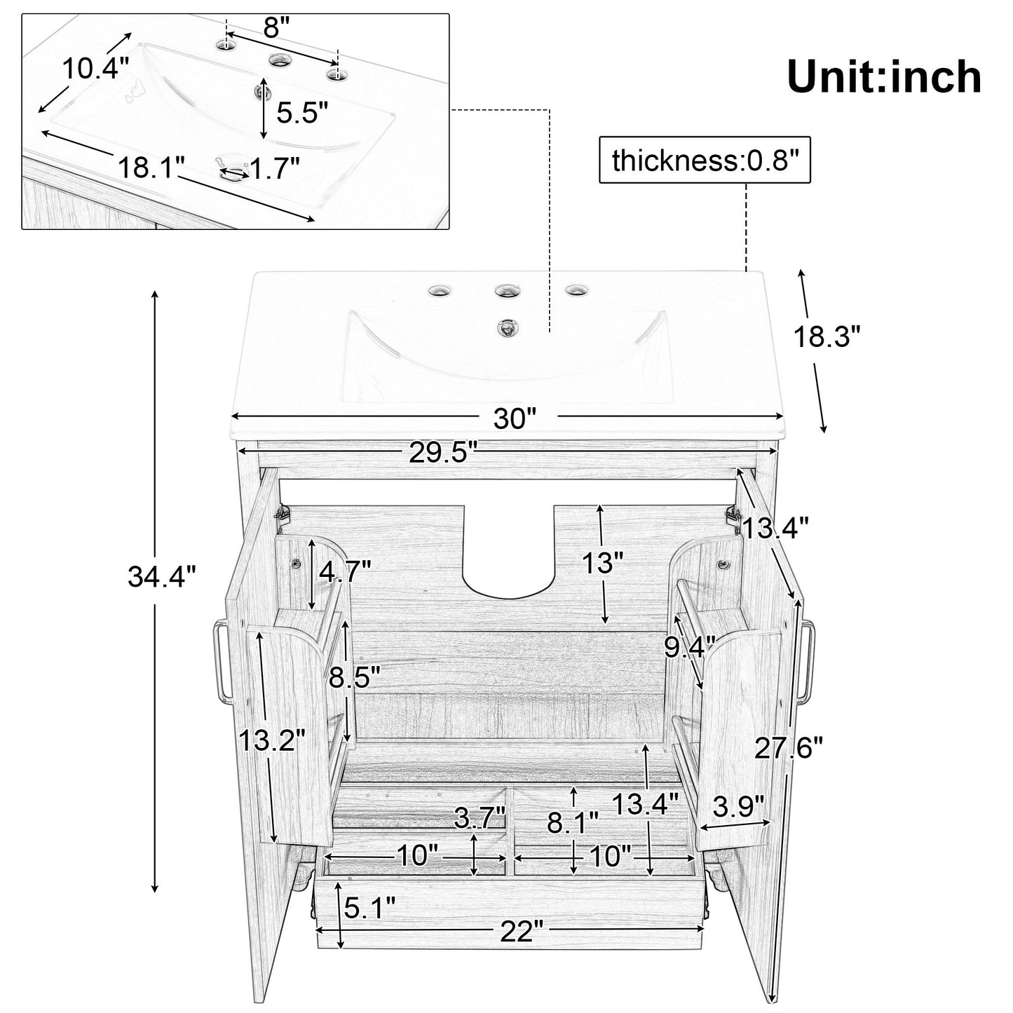 30" Bathroom Vanity With Sink, Cabinet With Doors And Drawer, Rectangular Shape - Natural