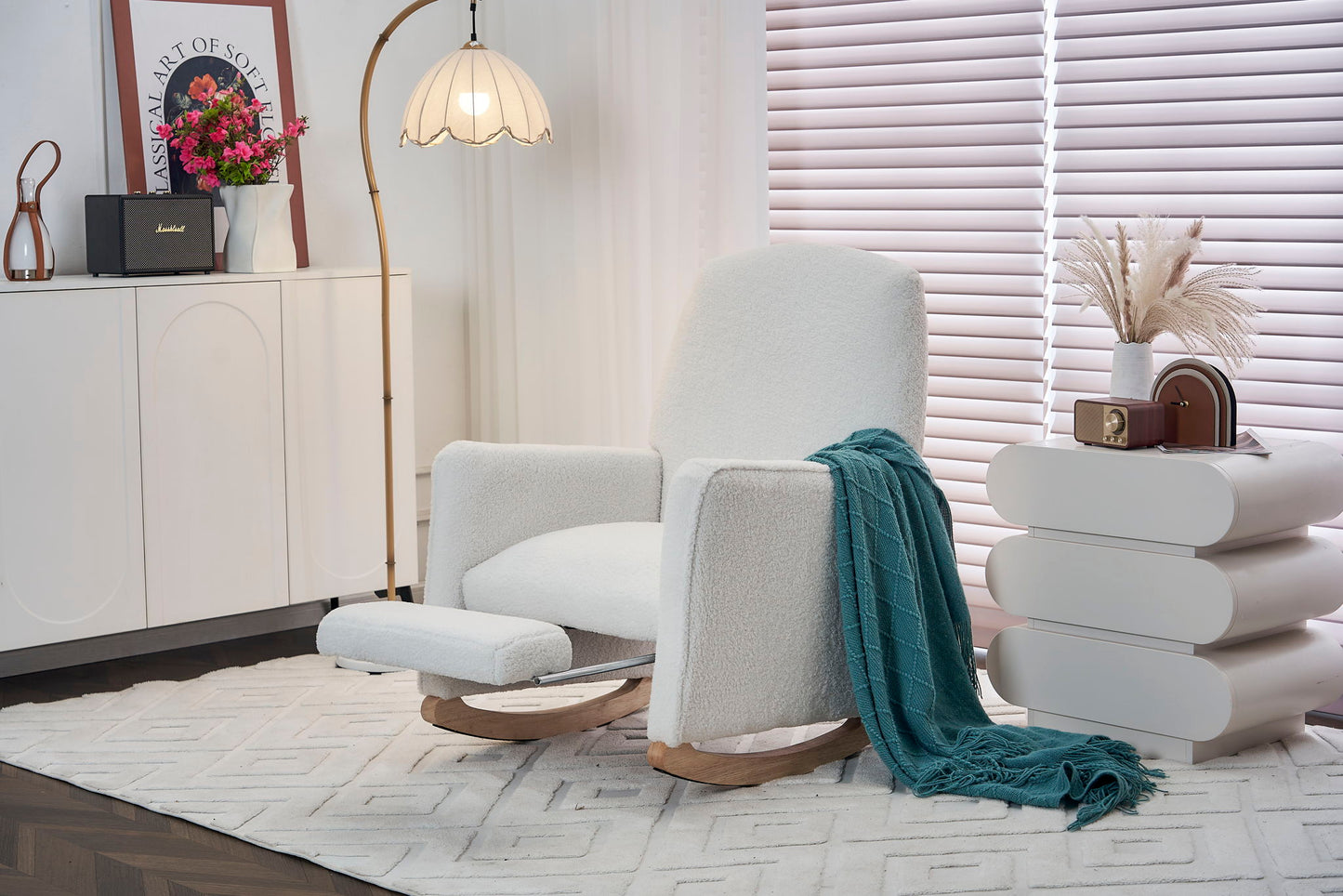 Teddy Fabric Nursery Rocking Chair With Adjustable Footrest - Ivory