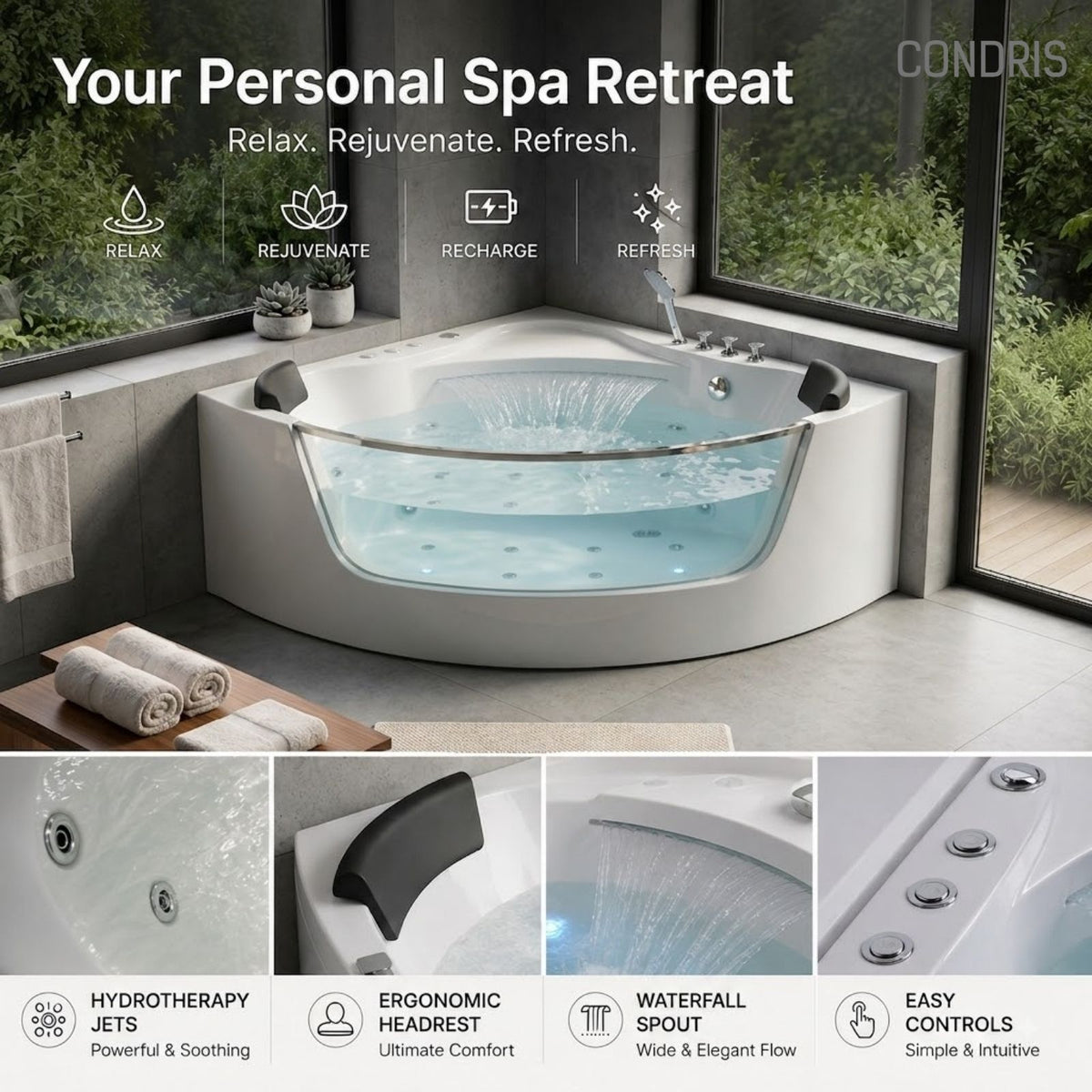 Revive - Massage Bathtub With 1.5 Hp Whirlpool Massage, Hidden Waterfall, LED Bubble Jets And Glass Accent - White