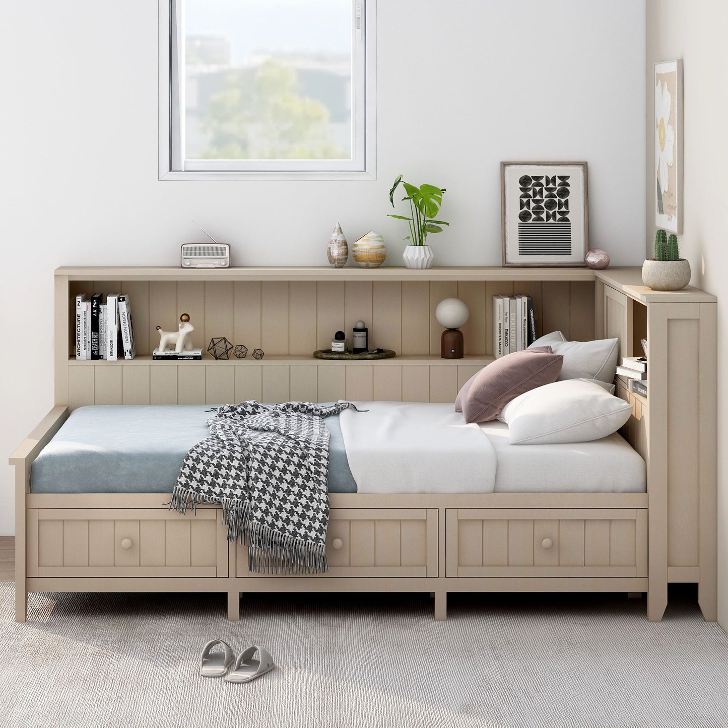 Daybed With Storage Shelves And 3 Drawers