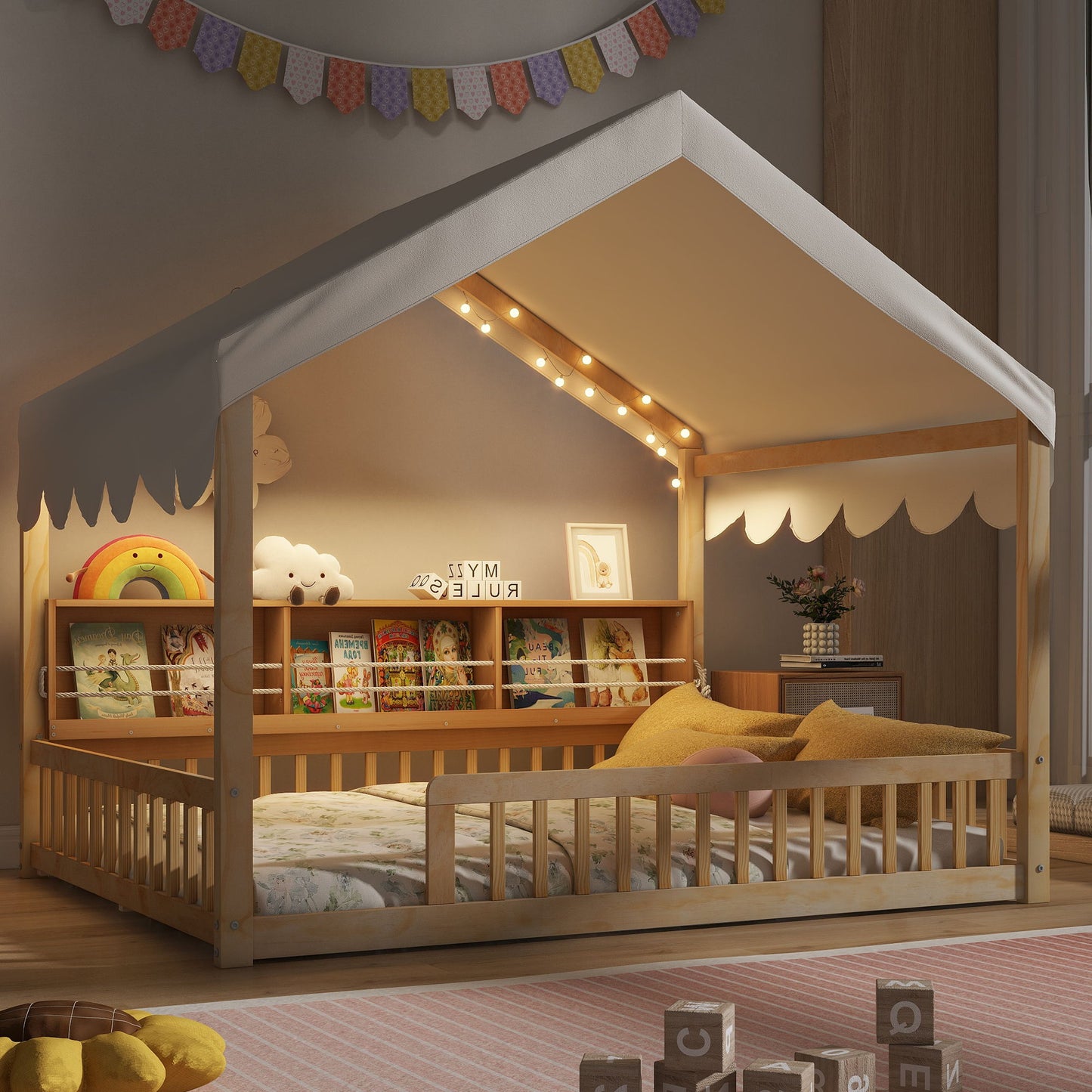 House Shaped Floor Bed With Fense, 3 Storage Bookshelves, Curtain And LED Light