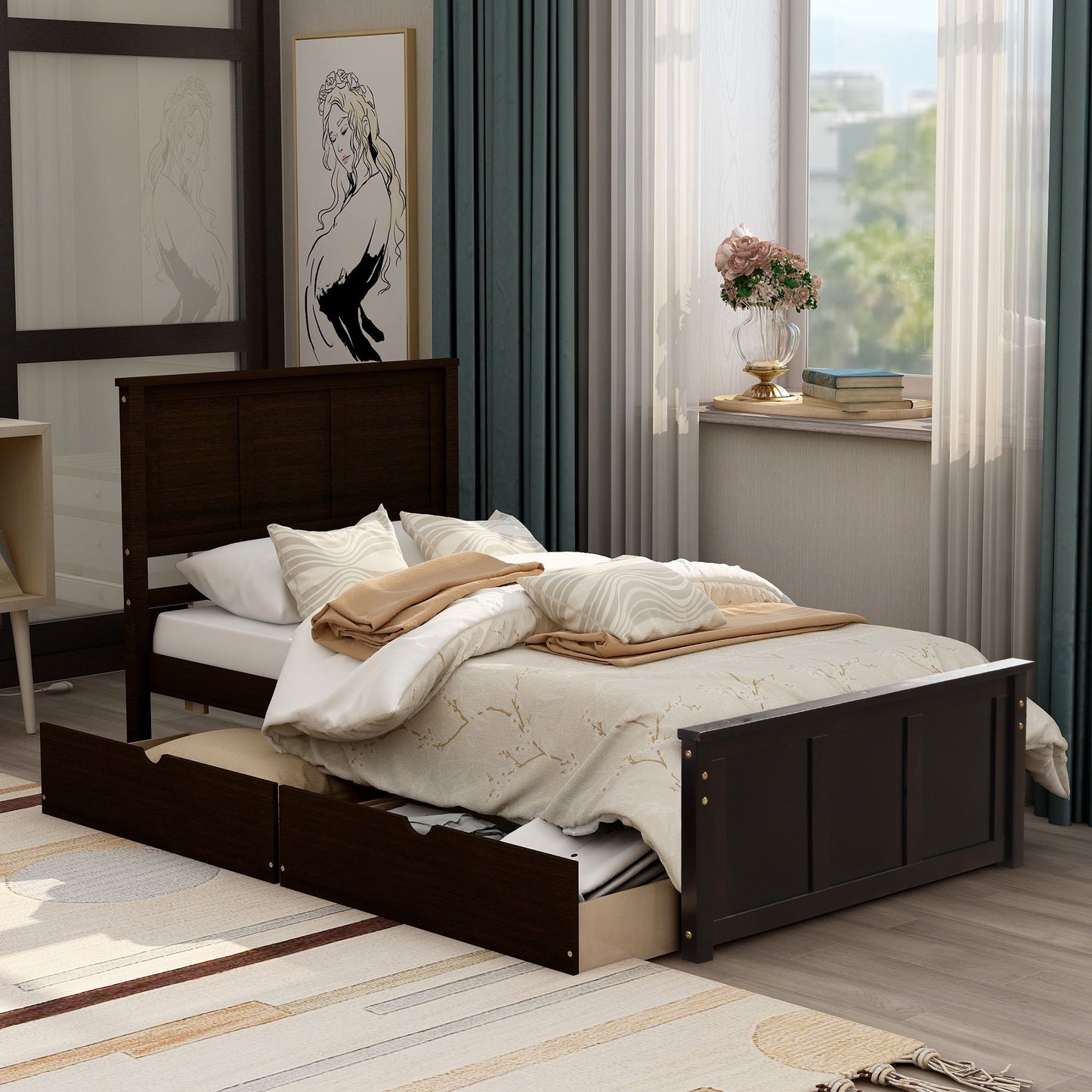 Platform Storage Bed With 2 Wheel Base Drawers