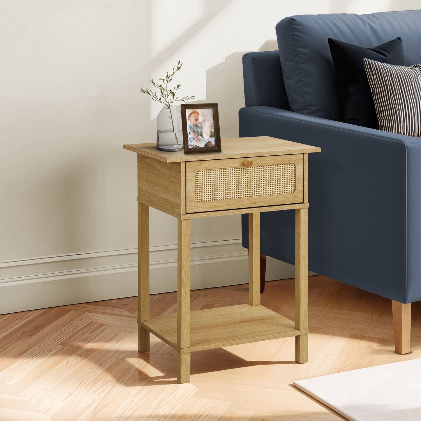 Accent Table With Storage Drawer, 2 Tier Nightstand For Living Room - Natural