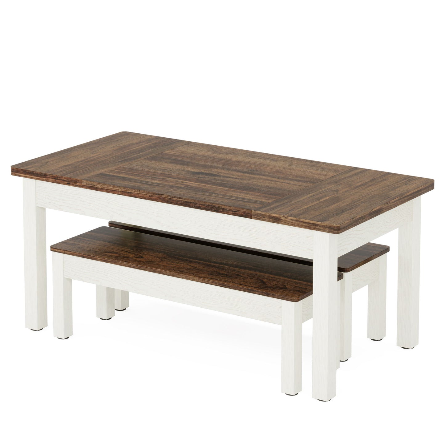 Dining Table Set For 4 - 6 With 2 Tuck Under Benches - Brown / White