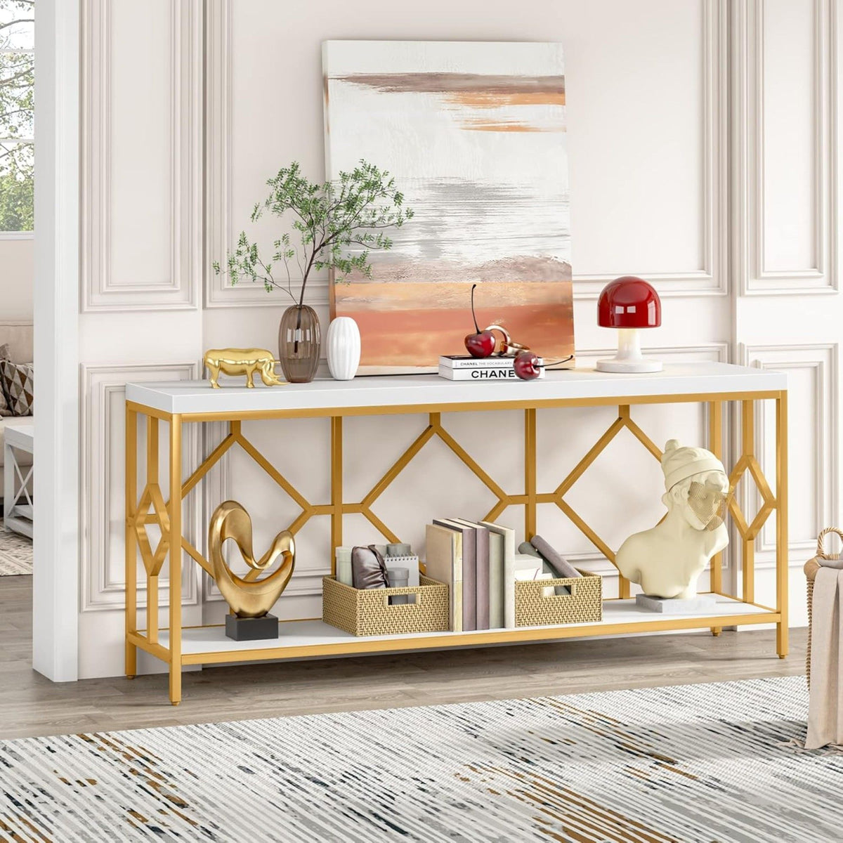 Extra Long Sofa Table With Diamond Pattern Frame, 2 Tier Open Storage For Living Room - White / Gold