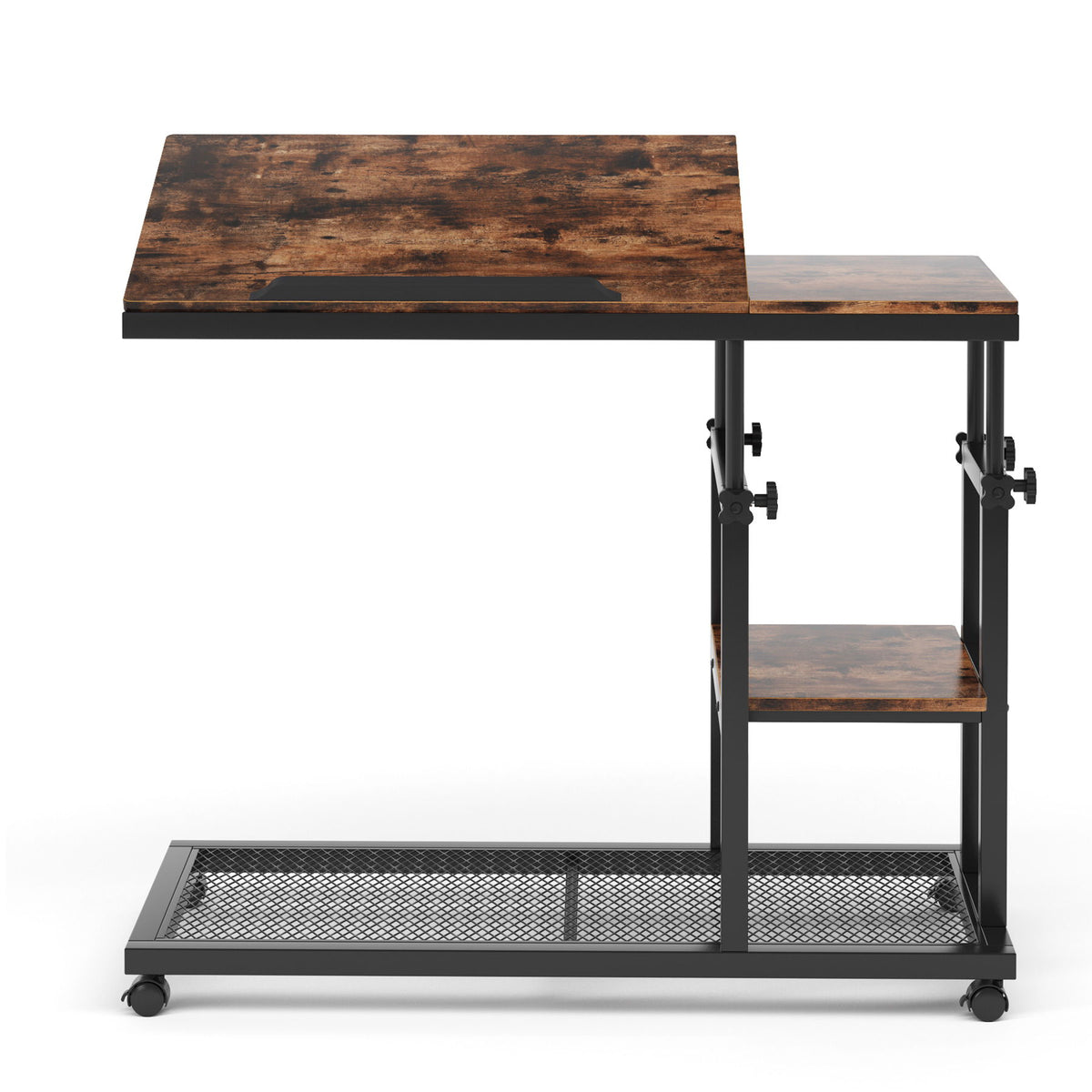 C-Shaped Adjustable End Table With Wheels And Tilting Top With Side Pocket And Storage Shelf - Brown / Black
