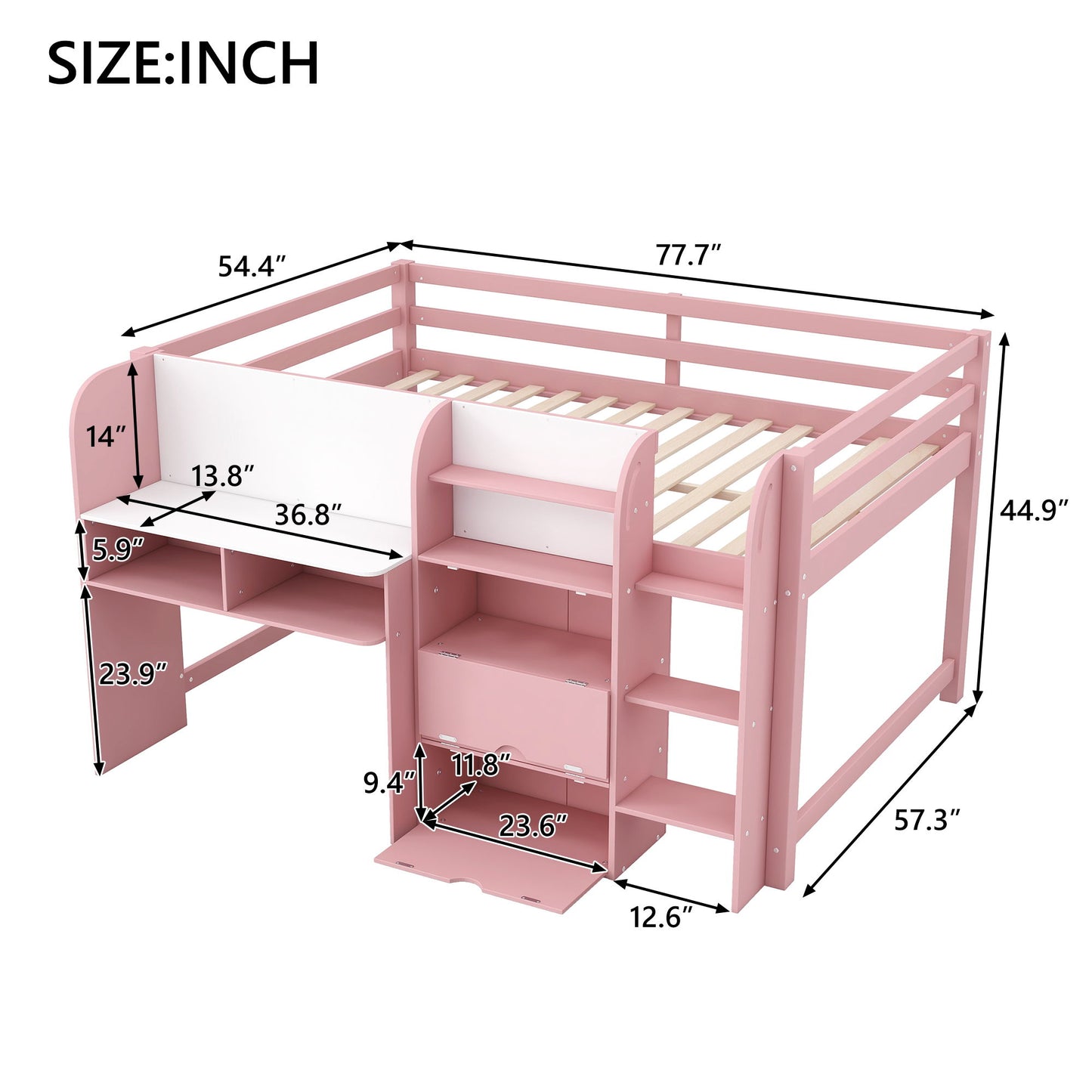 Low Loft Bed With Built In Desk, Storage Cabinets, Open Bookcase And Doodle board