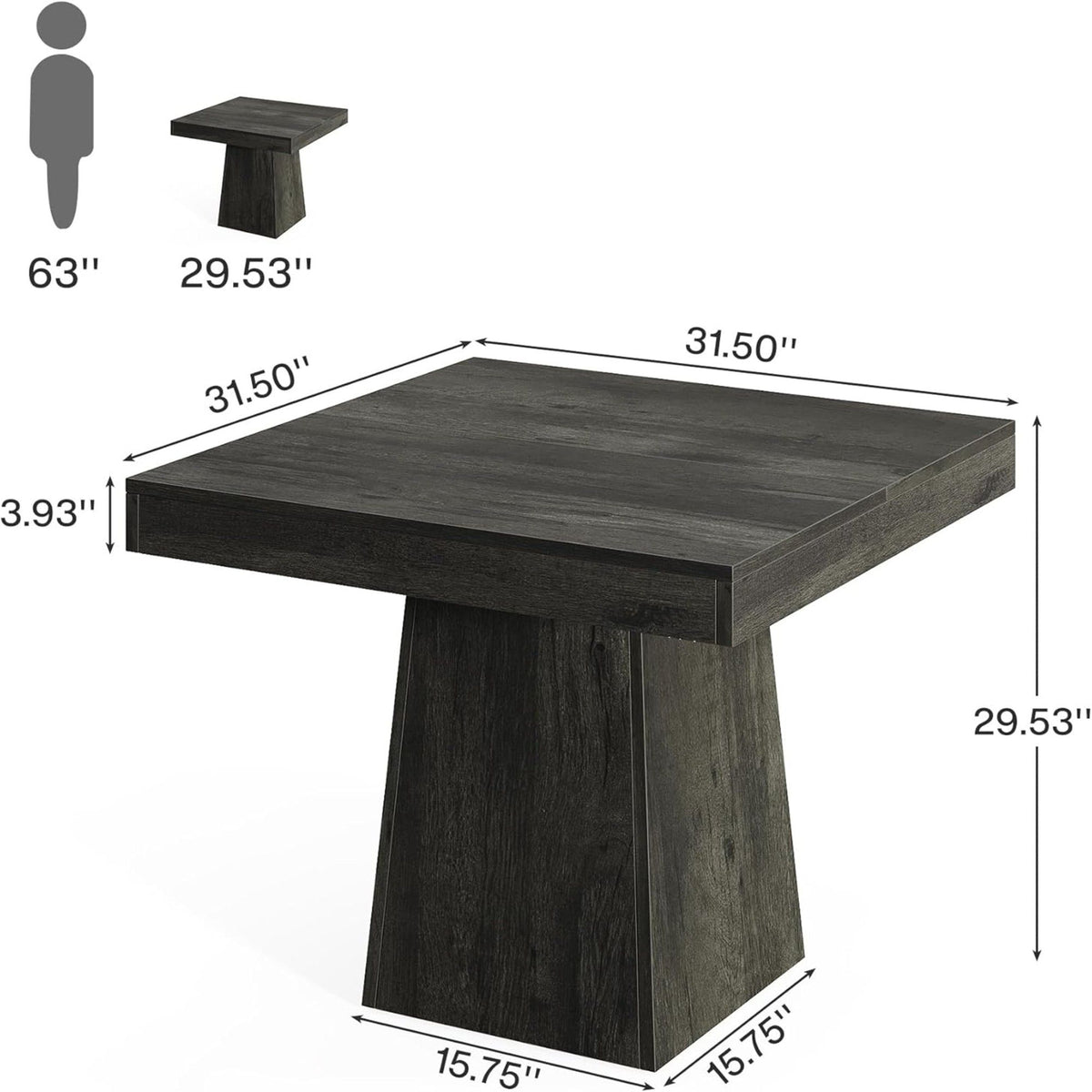 Square Dining Table For 4 With Thick Grain Top And Sturdy Pedestal Base - Gray