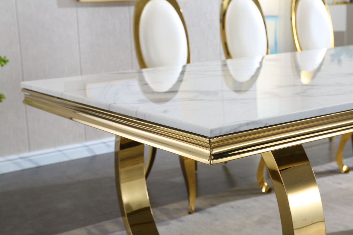 Modern Rectangular Marble Printing Dining Table, Double U Shape Stainless Steel Base With Mirrored Finish