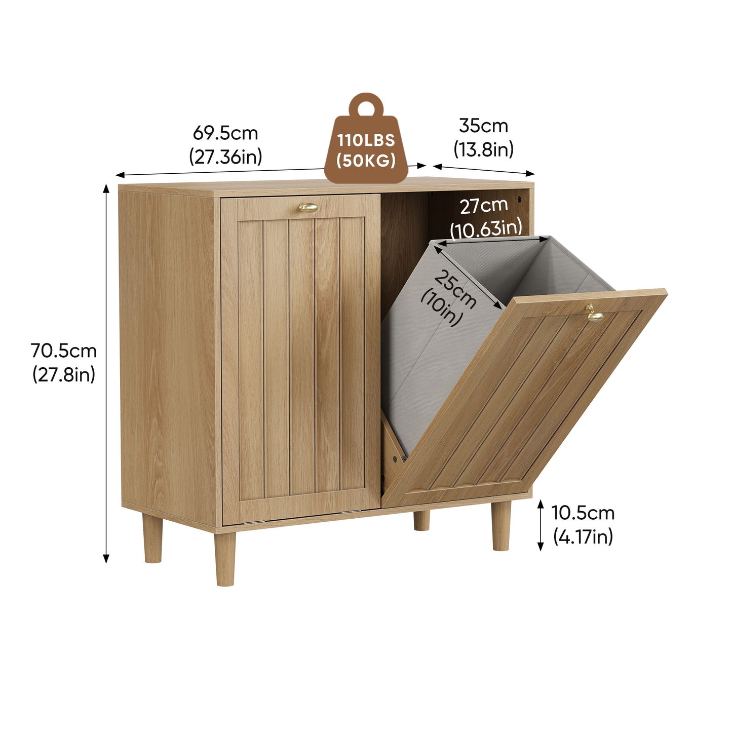 Sloping Laundry Basket With Removable Inner Bin, Concealed Storage Cabinet For Bathroom - Oak