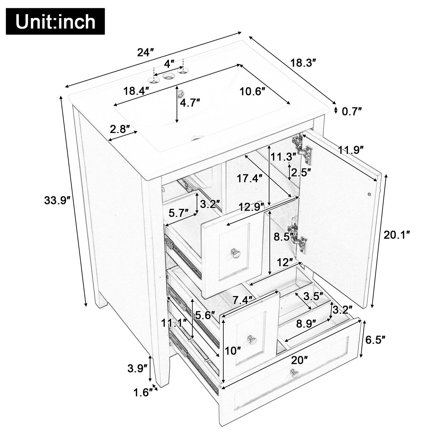 Bathroom Vanity With Storage, Adjustable Shelf, & Rubberwood, Removable Dividers - Glossy White