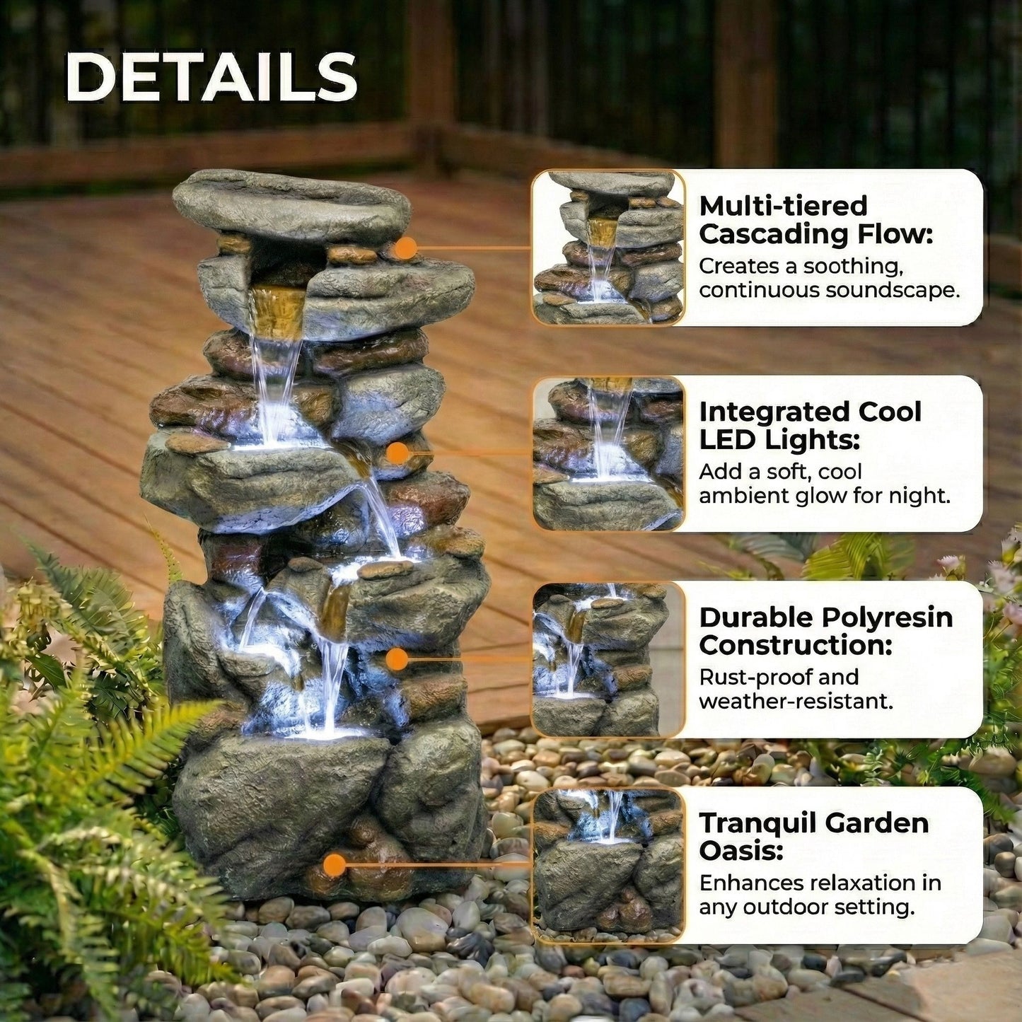 Stacked Rock Waterfall Fountain With LED Lights For Garden - Gray