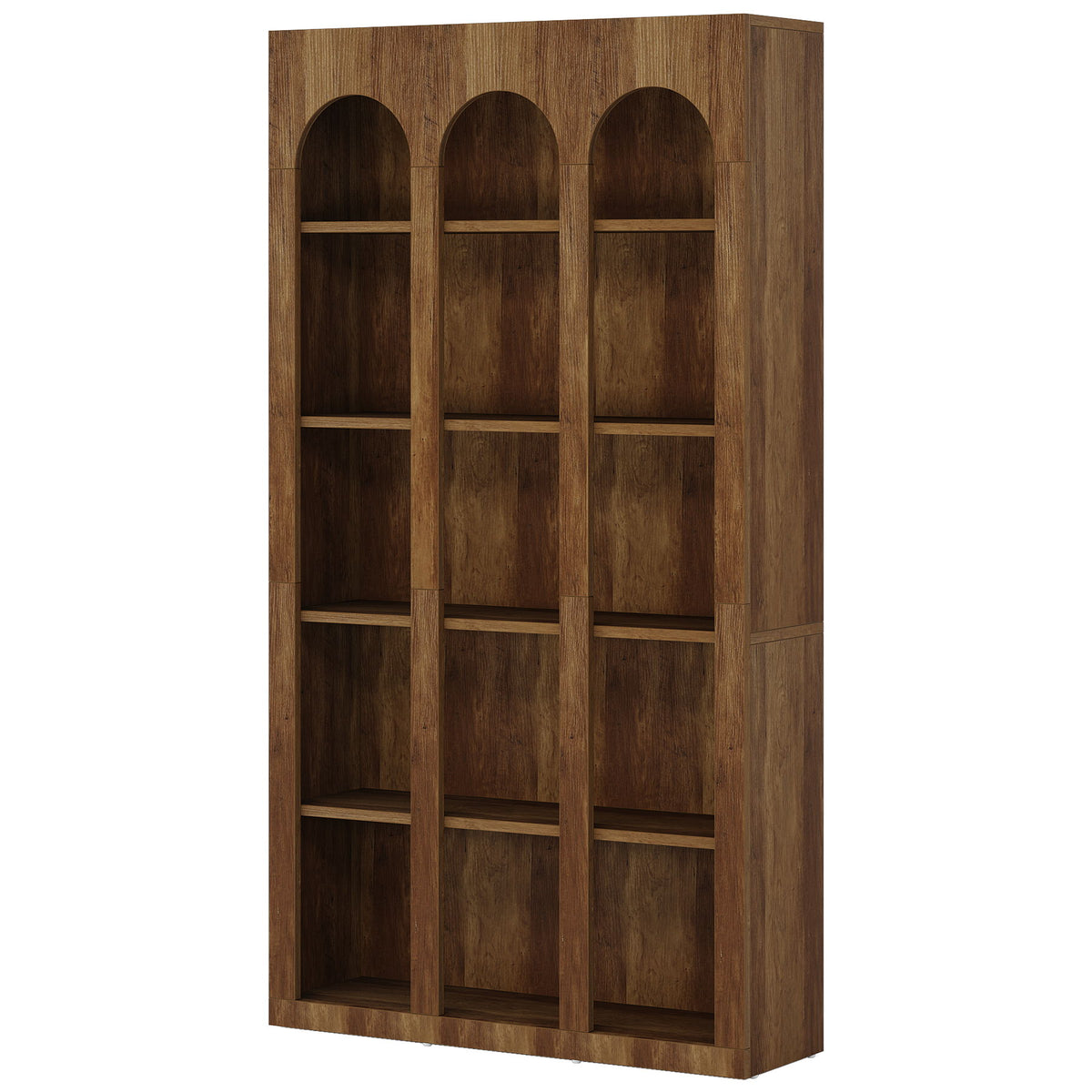 5 Tier Farmhouse Arched Bookcase For Living Room - Rustic Brown