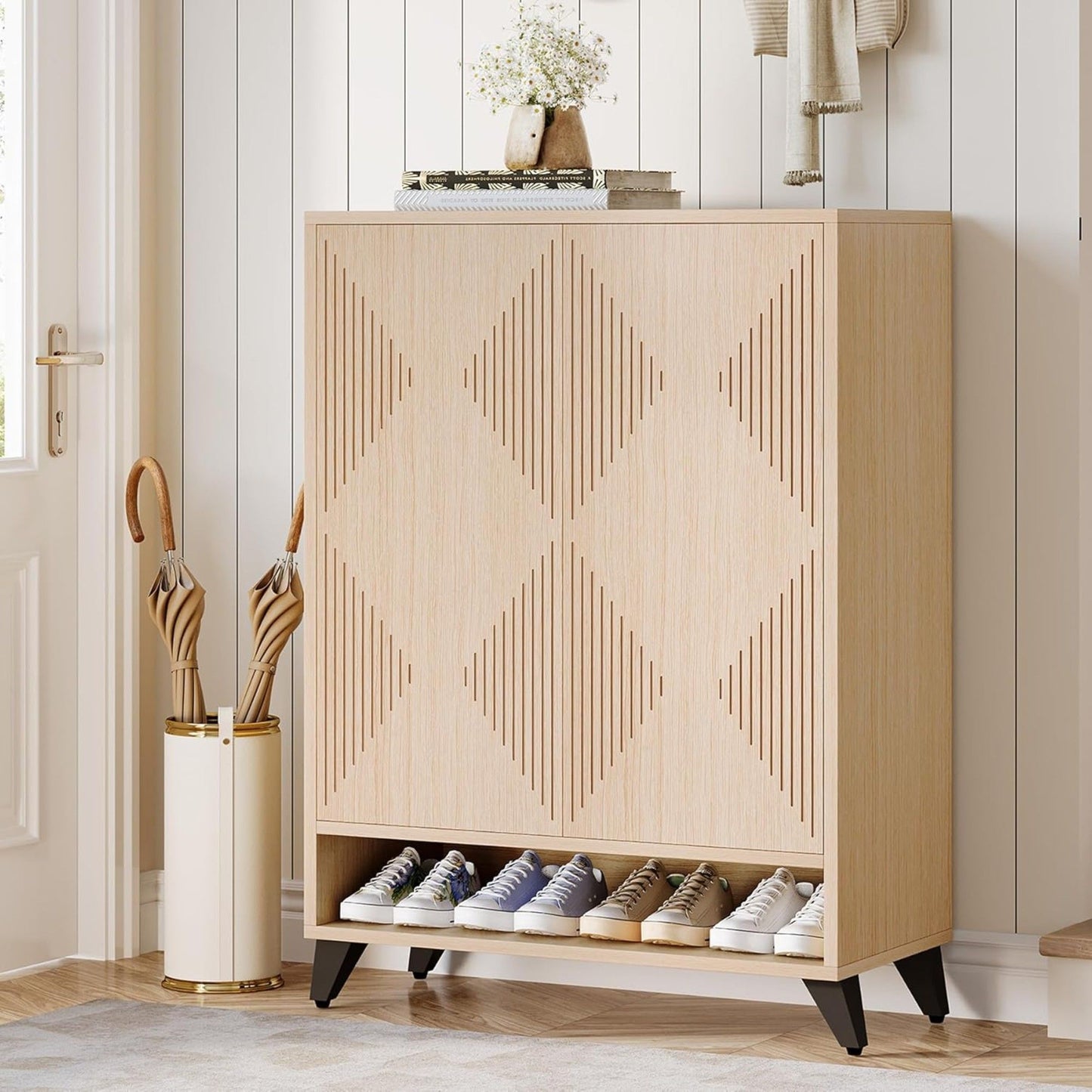 6 Tier Shoe Cabinet With Doors, Handle Free Push To Open Storage Unit For Entryway - Natural