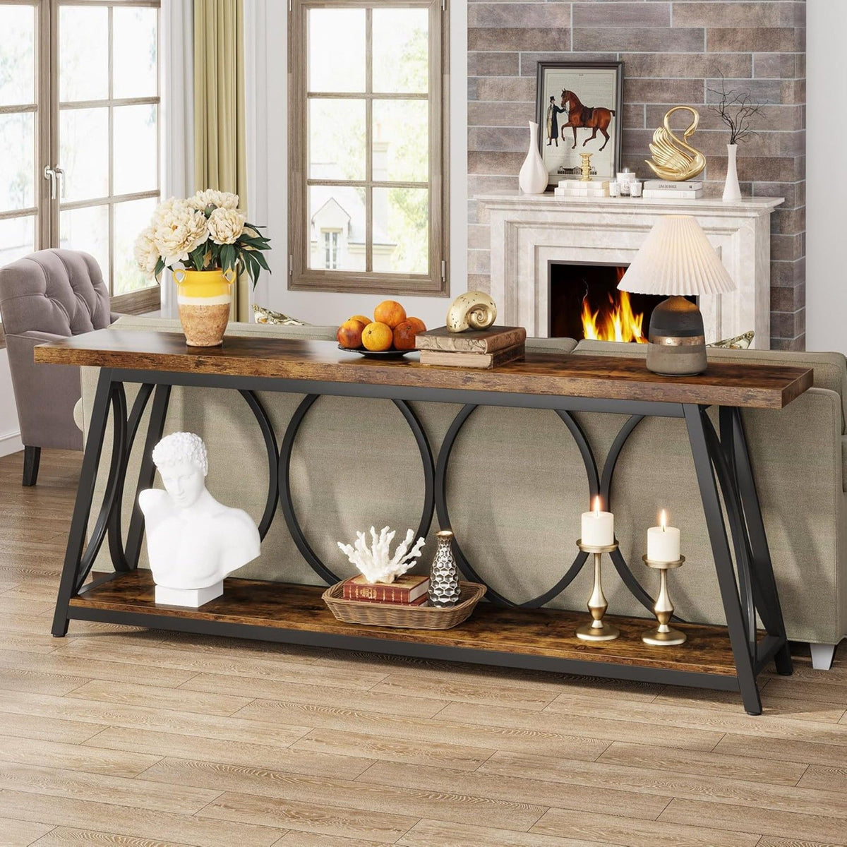 Extra Long Console Table With 2 Tier Storage Shelves For Living Entryway - Brown / Black