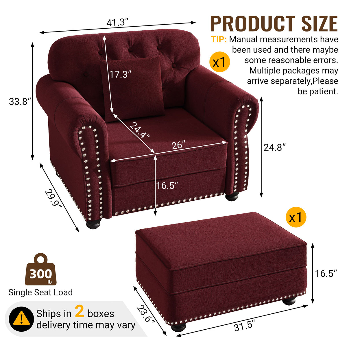 Upholstered Sofa With Nailhead Trim And Rolled Armrests, Includes 1 Pillows - Burgundy