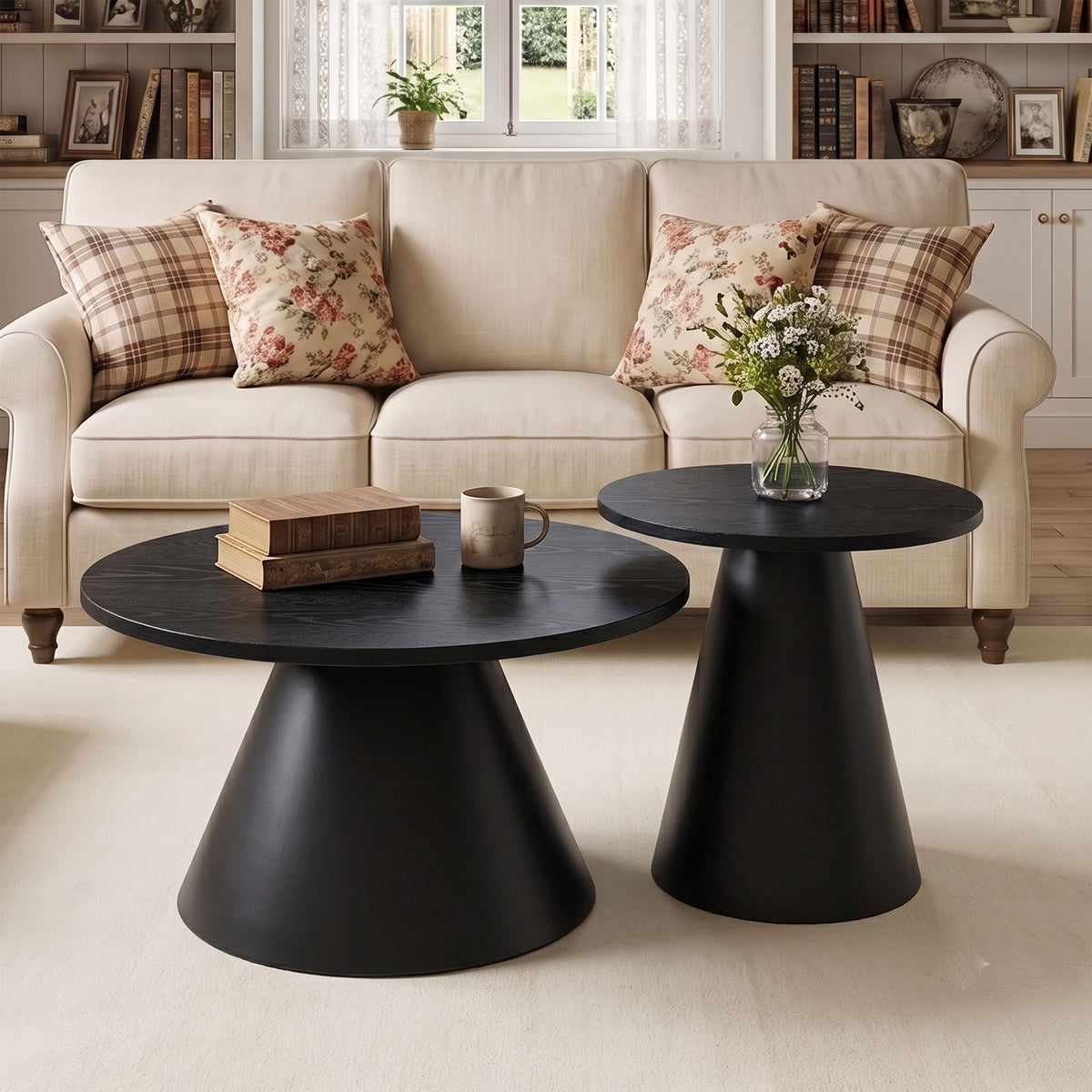 Nesting Coffee Table, Adjustable Foot Pads For Living Room (Set of 2) - Black