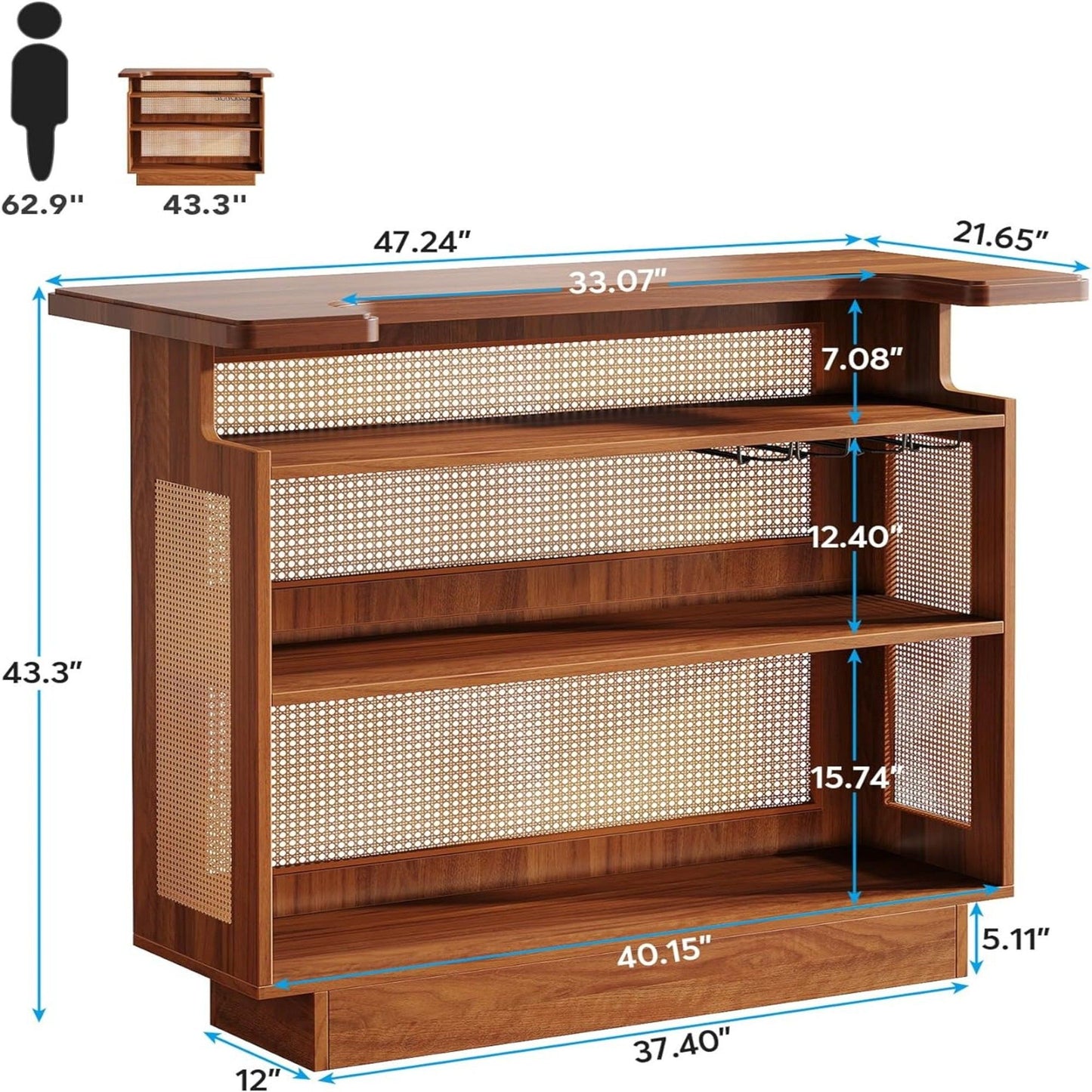 Home Bar Unit With 4 Tier Storage And Stemware Racks For Living Room - Brown