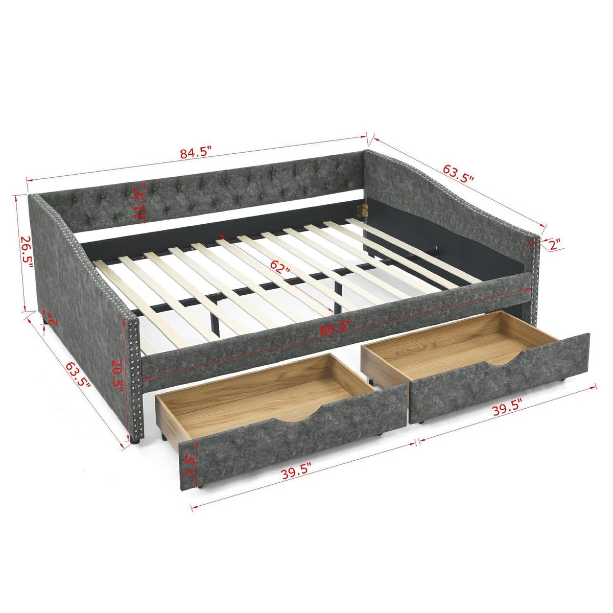 Queen Size Upholstered Daybed With Tufted Back And Nail Trimmed Waved Arms - Gray