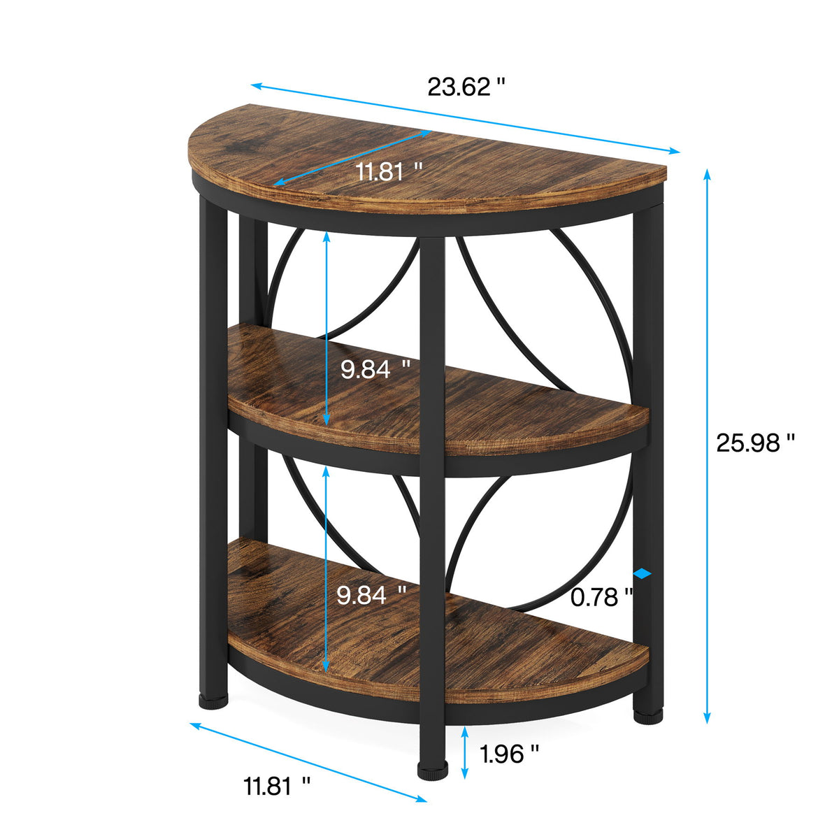 3 Tier Half Moon End Table, Space Saving Semi Circle - Deep Rustic Brown