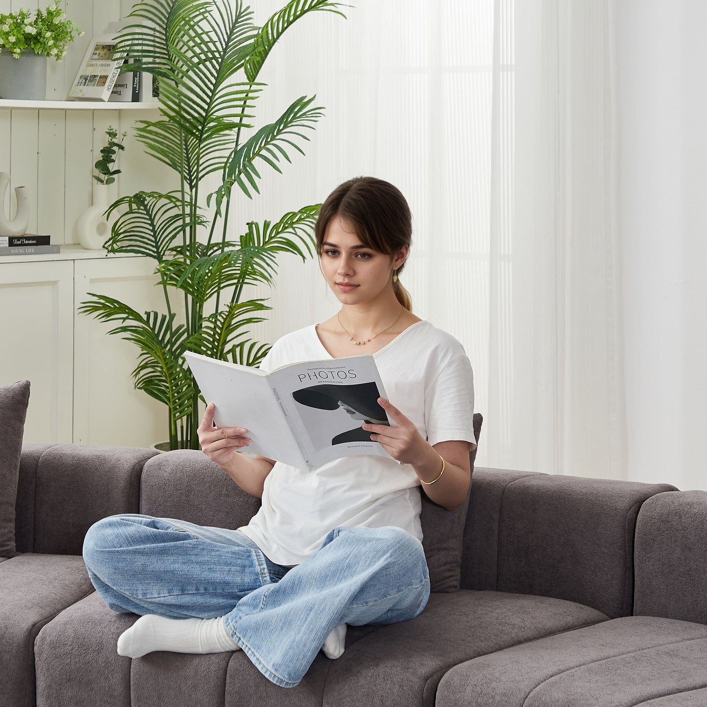 Curved Sectional Sofa With 2 Pillows For Living Room - Gray