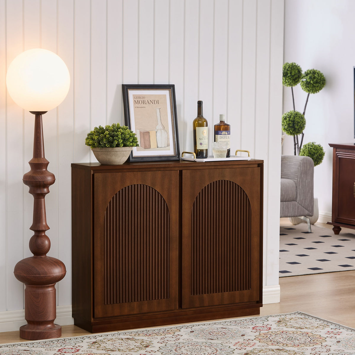 Arched Sideboard Cabinet With 2 Outlet Holes, Storage Buffet Cabinet