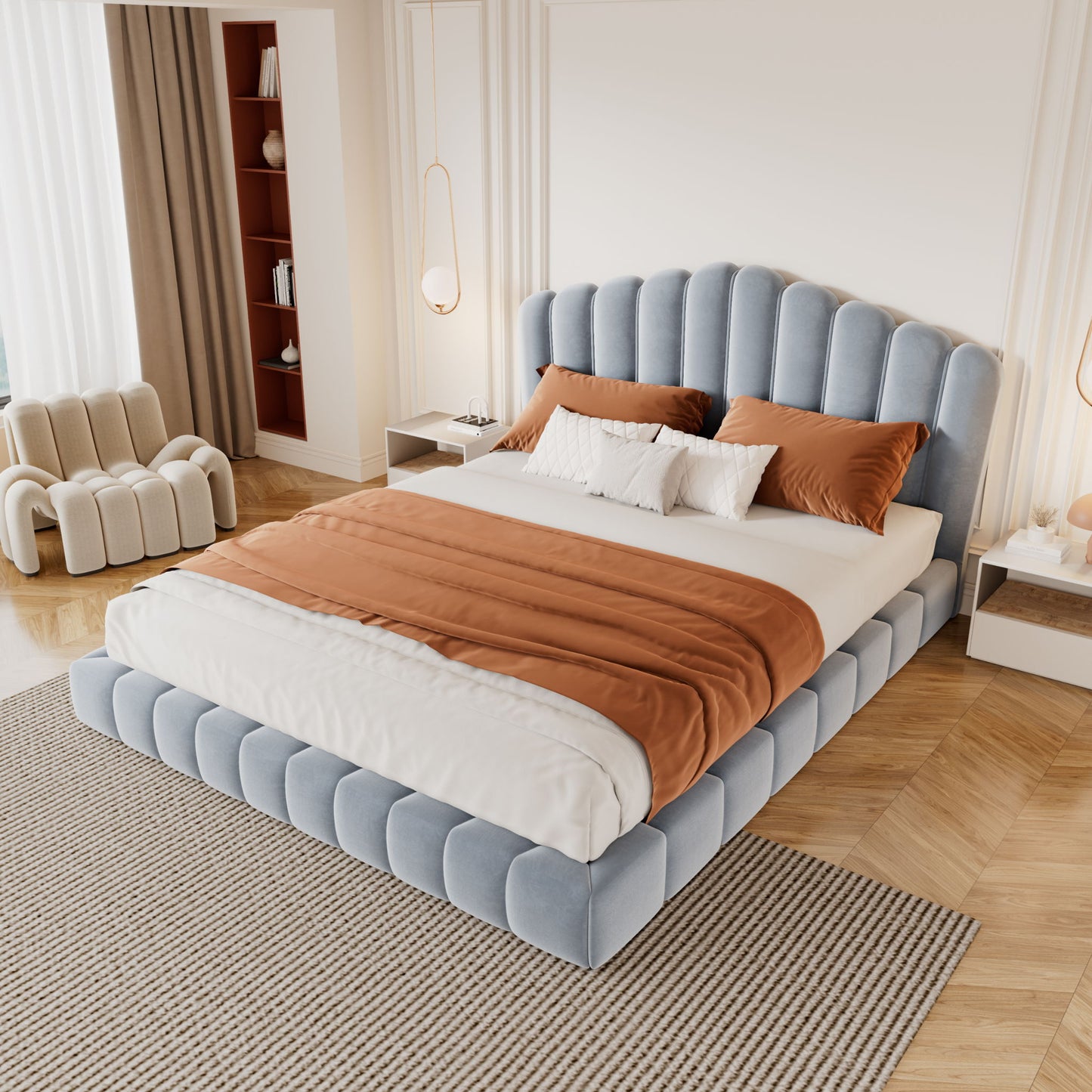 Queen Upholstered Bed Frame With Shell Shaped Headboard - Light Blue - Light Blue