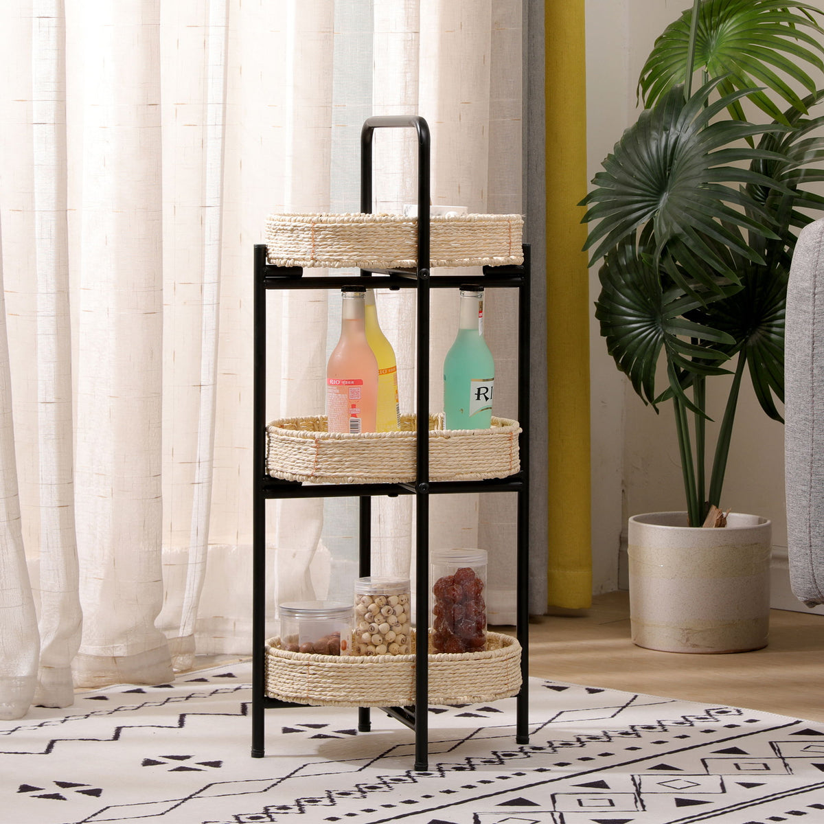 Farmhouse Style 3 Tiers Tray Tables Paper Rope Woven Side Table With Oval Storage Basket - Natural