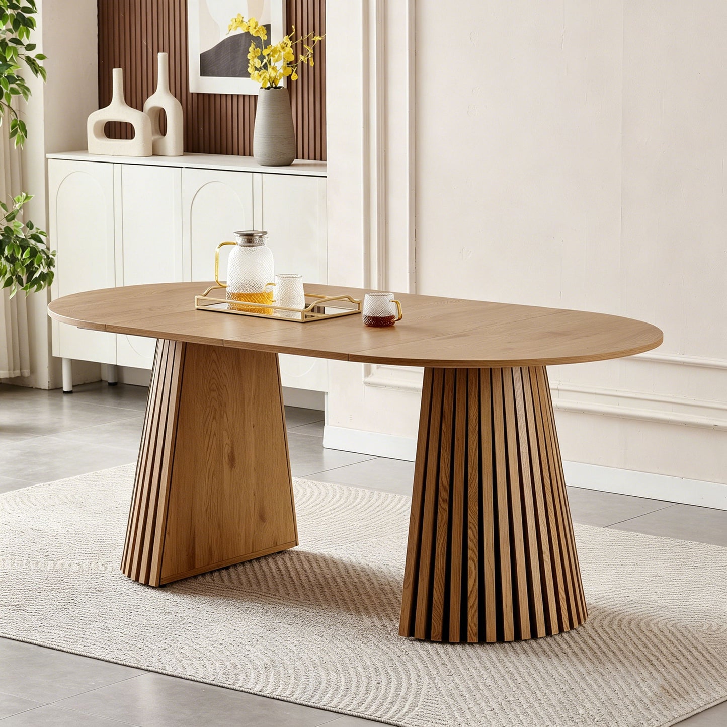Dining Table, Flexible Extendable Oval Design With Slatted Legs - Natural Wood