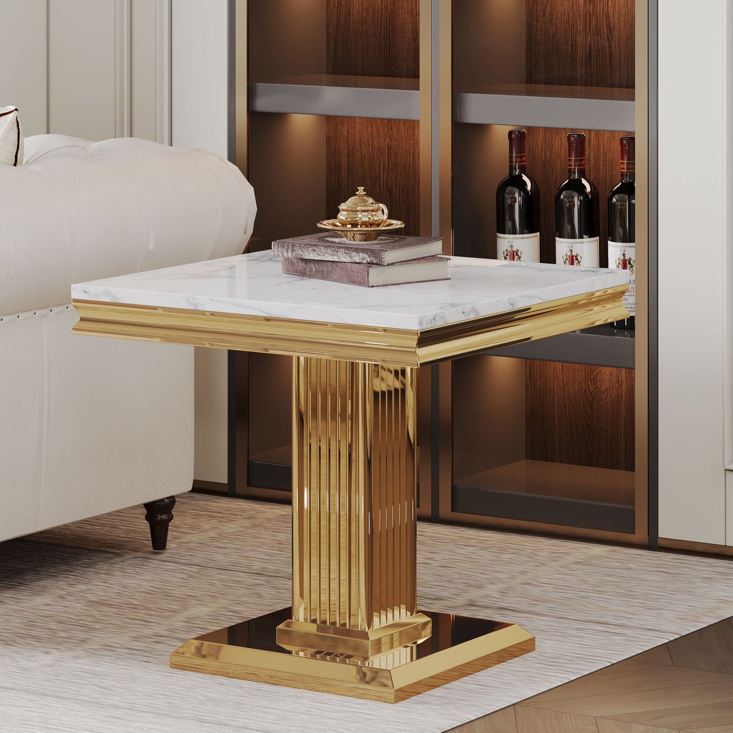 Marble Printed Top Rectangular End Table, Base With Mirrored Finish